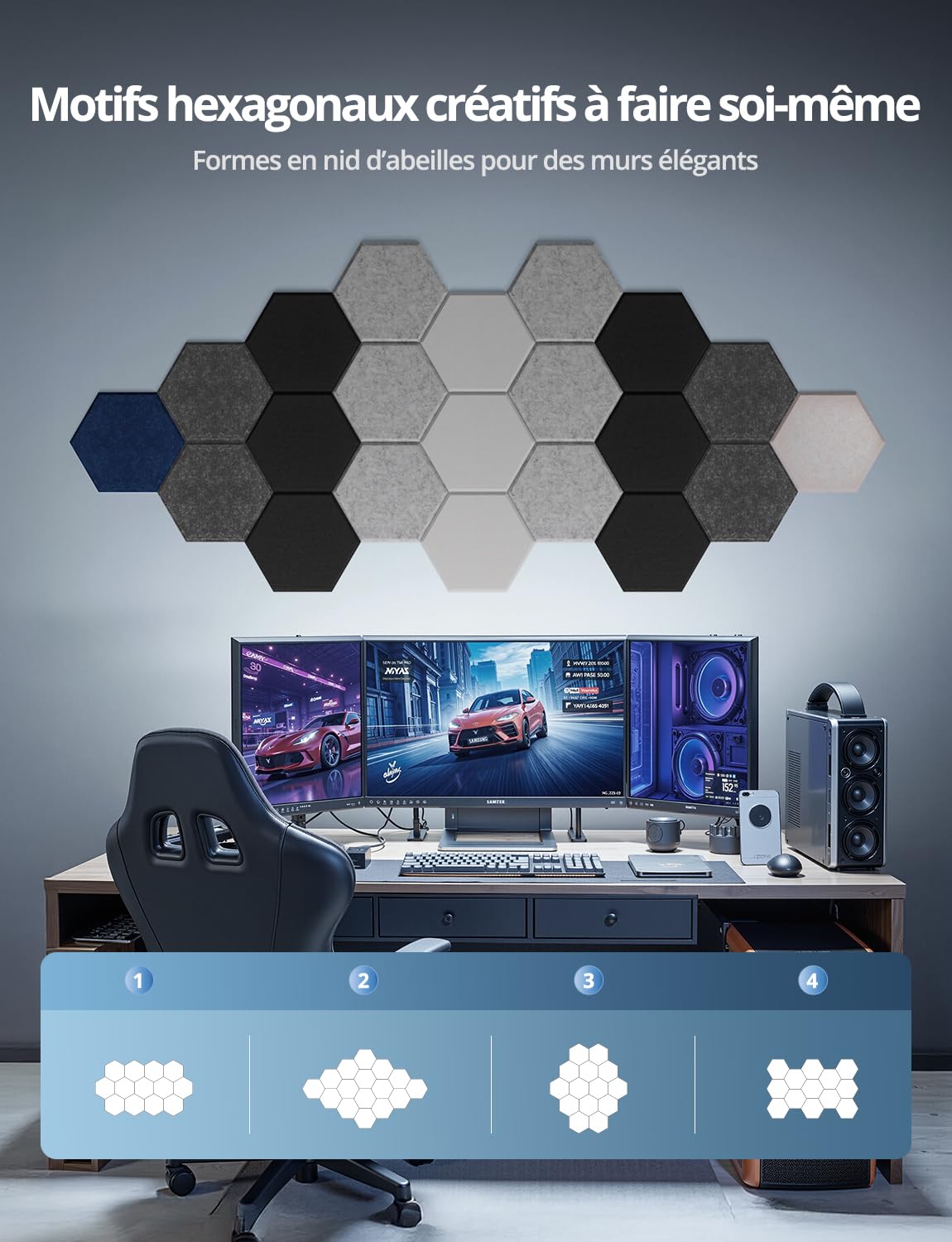 Kuchoow panneau acoustique mural hexagonal autocollant, lot de 12, panneaux acoustiques décoratifs absorption pour mur, plafond et porte, gaming, home studio, bureau, 30 x 26 x 0,9 cm, noir