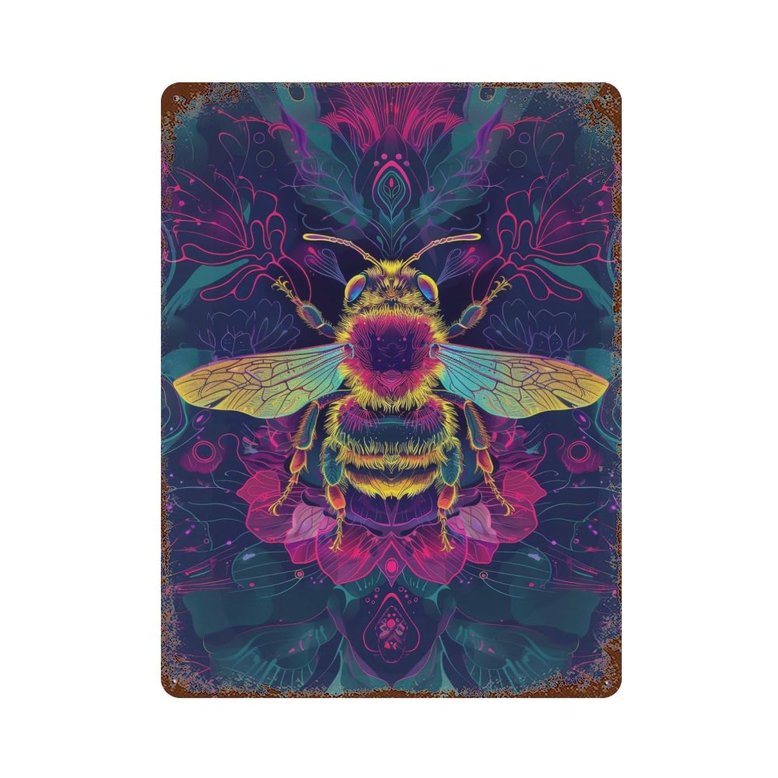 Mystic Neon Bee 15.7"x11.8" Rust Effect Tin Sign, Industrial Home Decor for Living Room, Hallway And Home Decor