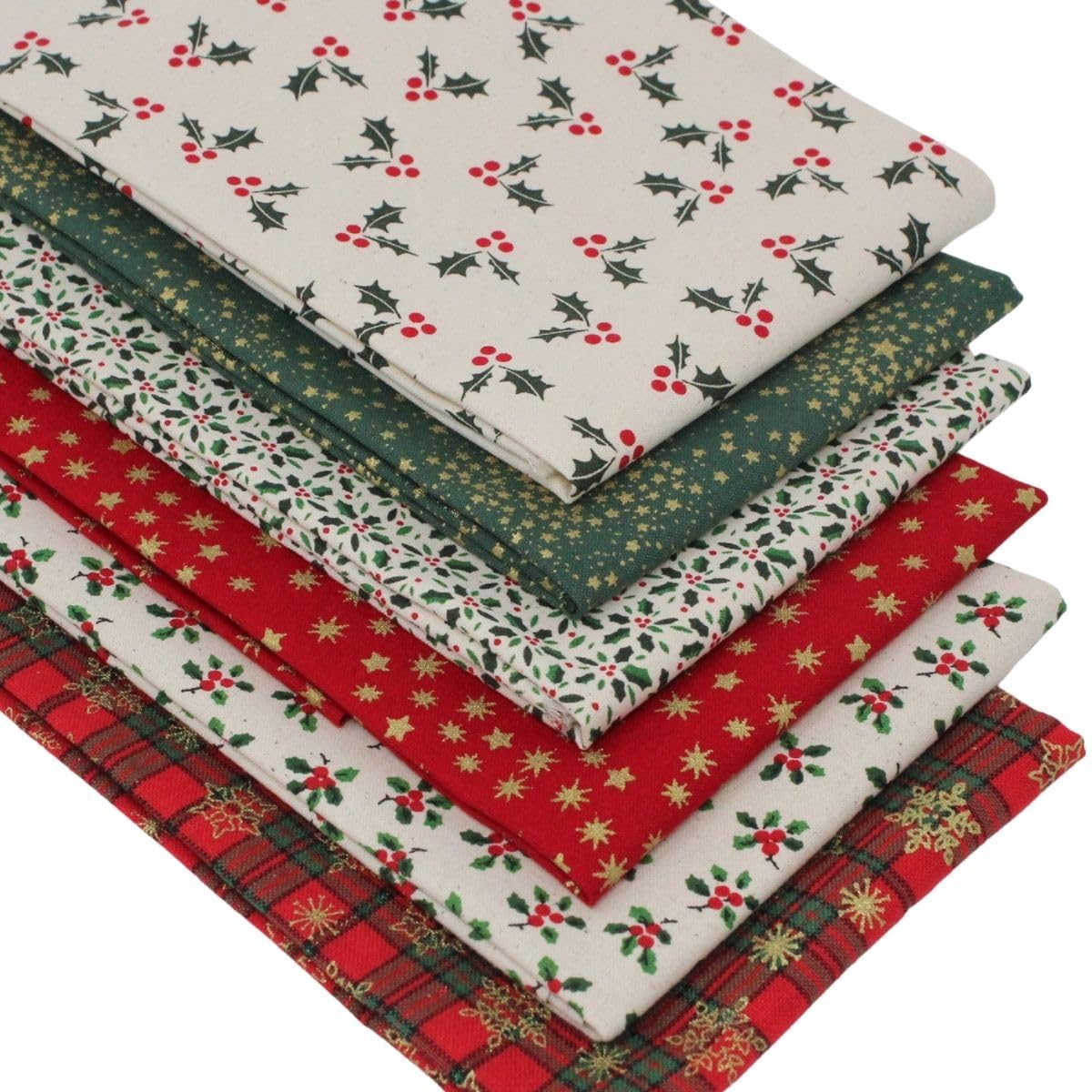 6 Fat Quarters Bundle - 'Ditsy Christmas' Small Scale Xmas Designs in Red & Green on a Natural Background. 100% Cotton Ideal for Quilting & Crafting (with Free Patchwork Pattern by Overdale Fabrics)