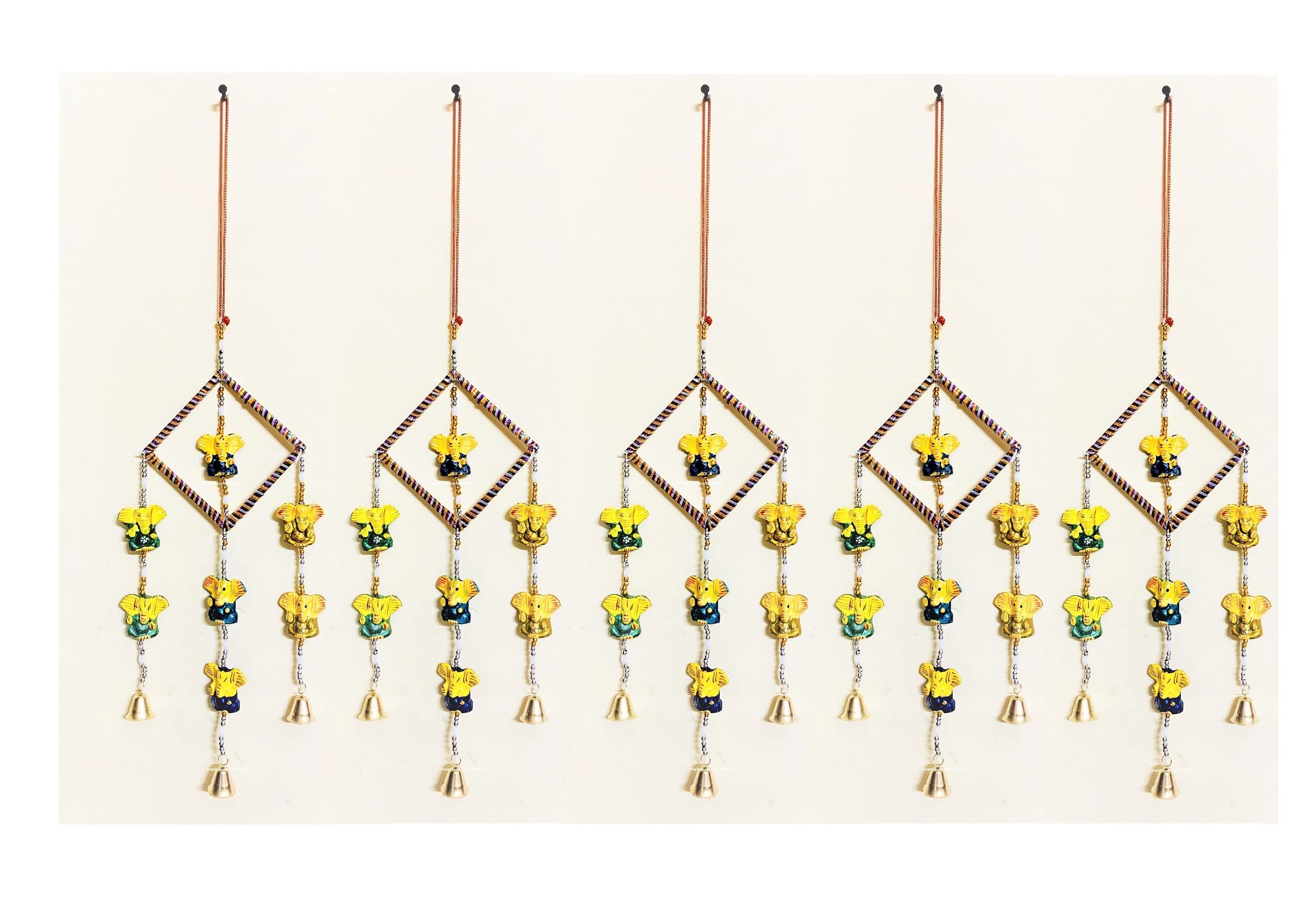 Sphinx multicolored handmade Lord Ganesha rhombus shaped gota golden beads and bells dream catcher wall hangings for decoration - (A3, 5)