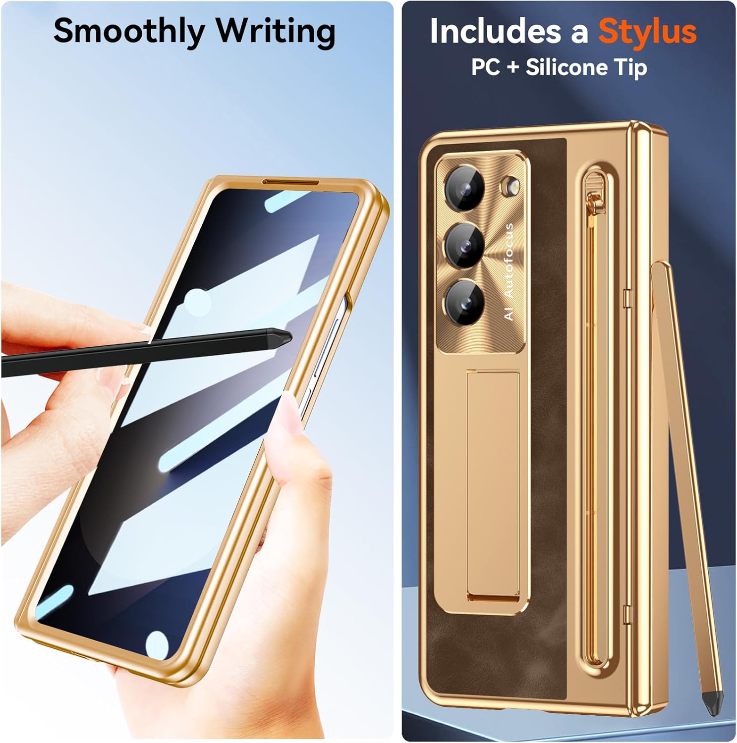 for Samsung Galaxy Z Fold 5 Case with S Pen Holder & Stylus, Fold5 Phone Case with Privacy Screen Protector Kickstand Camera Protector Pemium Leather Protective Cover for Z Fold 5 Gold+Coffee