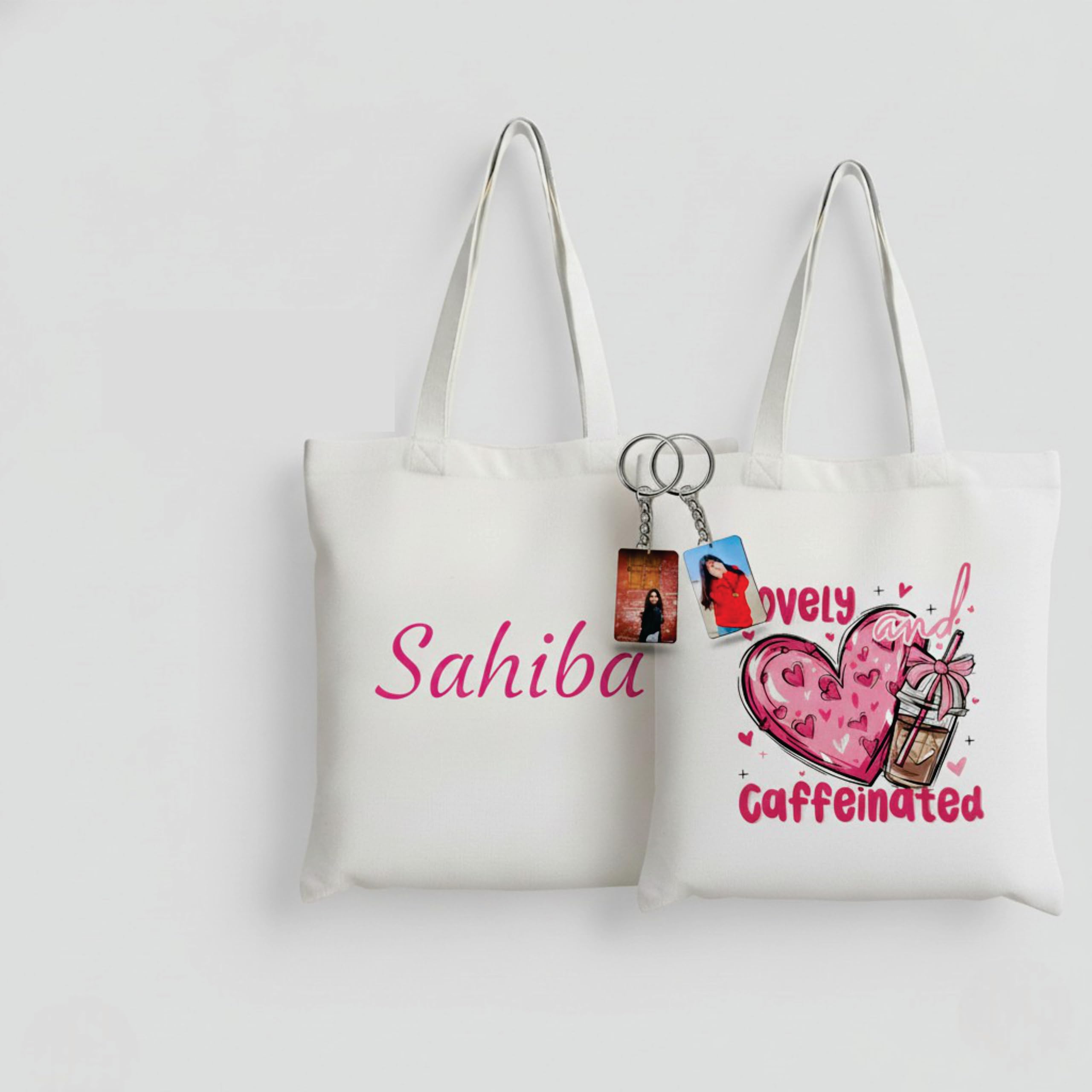 Customized Set with 1 Canvas Tote Bag and 2 Photo Keychains, Personalized Name Design, White, Double-Sided Print, 4x6 cm Photo Size Key Chain Single Side Print.