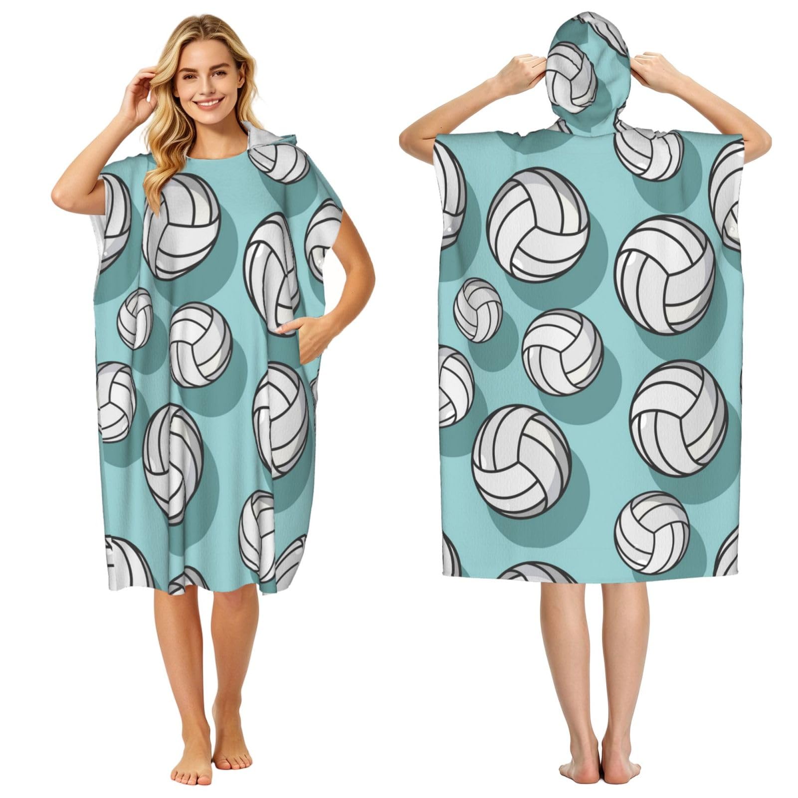 Poadnly Volleyball Sport Pattern Mint Green, Adult Hooded Beach Towel 90 x 110 cm,Changing Bath Robe, Surf Poncho Towel For Women Men