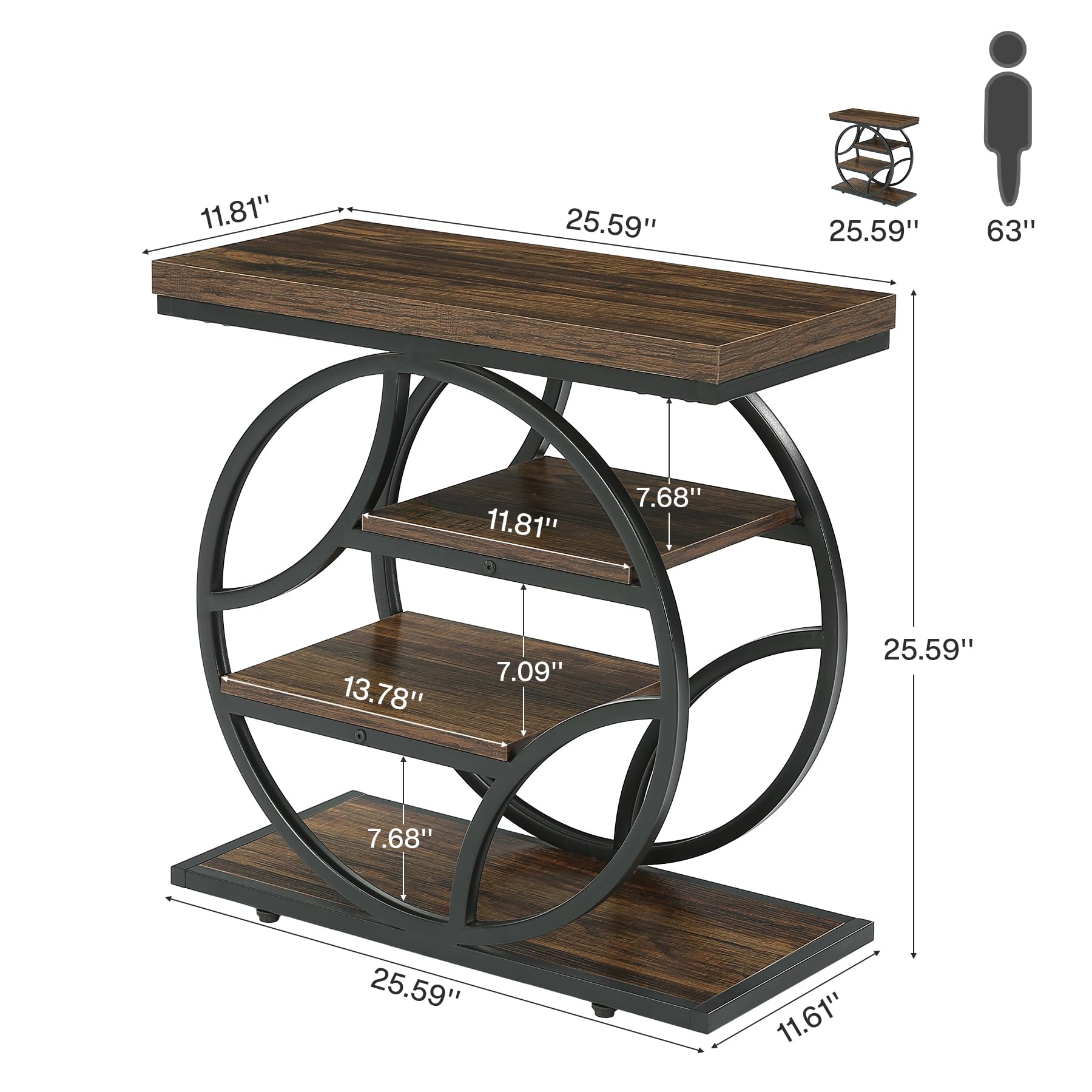 Tribesigns Side Table with 4-Tier Storage Shelf, 25-Inch Living Room Narrow End Table, Small Industrial Nightstand with Geometric Metal Frame, Accent Furniture for Bedroom Small Space, Brown