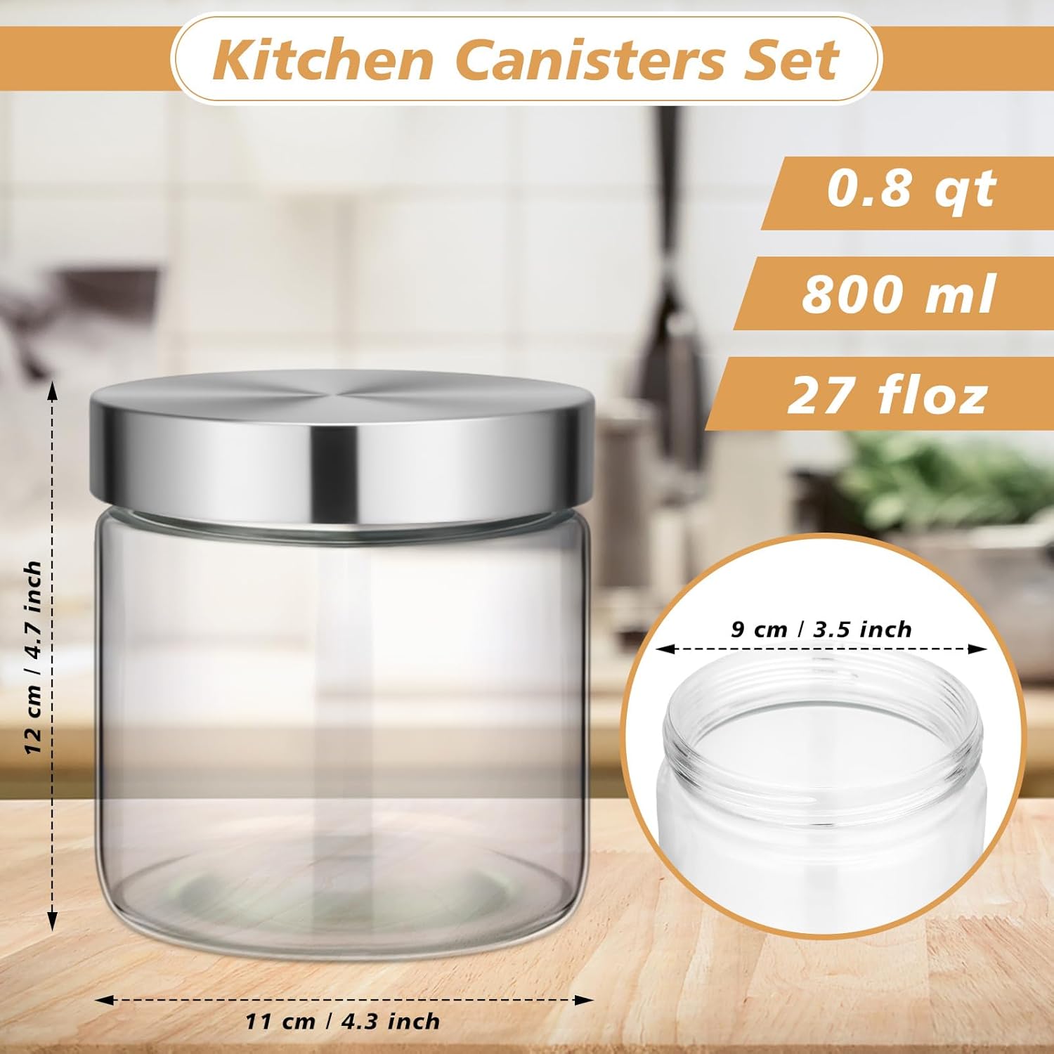 6 Pcs 27 oz Clear Glass Canister Set with Stainless Steel Lids, Food Storage Containers for Kitchen & Pantry Storage, Dry Foods Including Flour Sugar Coffee Rice Tea Spices Herbs