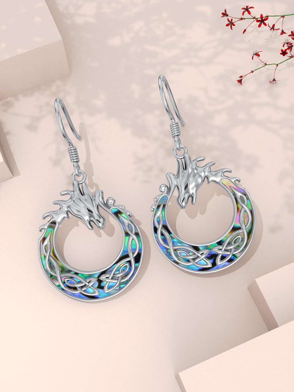 WINNICACA Dragon Earrings Sterling Silver Dragon Dangle Drop Earrings Abalone Shell Celtic Dragon Jewelry Dragon Gifts Christmas Xmas Birthday Gifts for Her Women Mom Grandma - Image 2