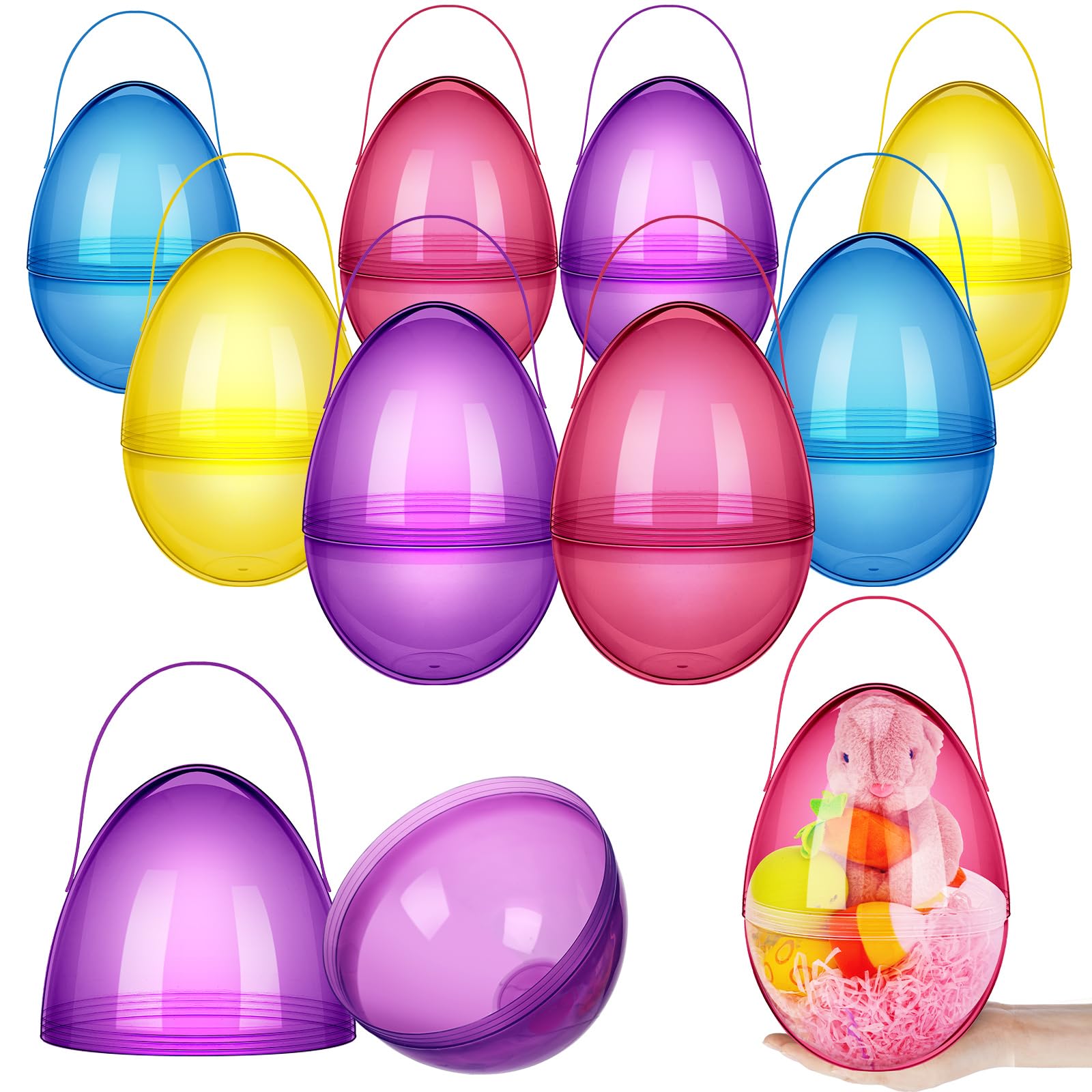 Funtery 8 Pcs Jumbo Easter Eggs 10 Inch Plastic Giant Easter Eggs with Handles, Clear Large Baskets Fillable Big Bunny Egg Shaped Baskets Containers Decoration (Multi Colors)