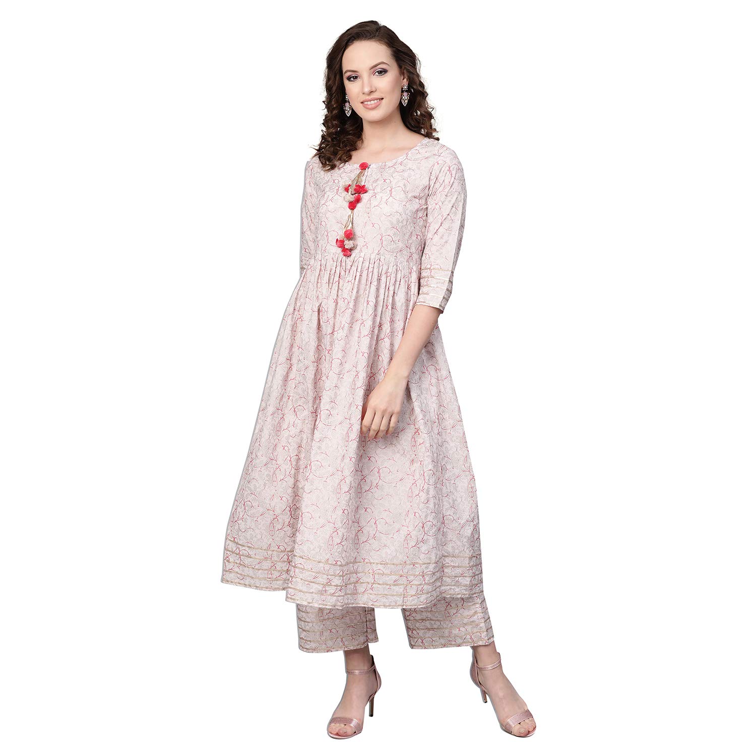 IdaliaBaby Pink Indian Kurta for Women Flared Cotton Kurta with Palazzo for Women
