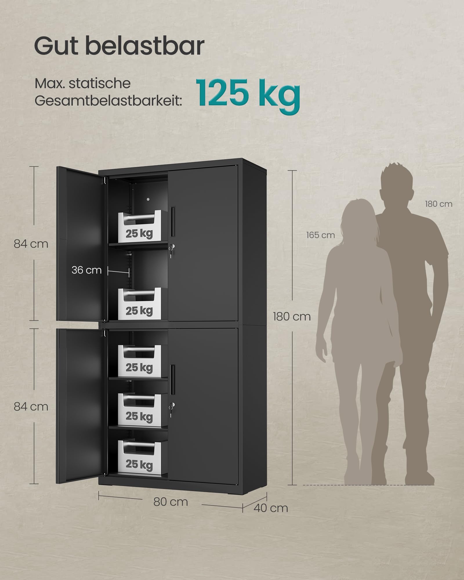 SONGMICS Aktenschrank, Mehrzweckschrank, Büroschrank, mit 4 Türen und 5 Ebenen, 40 x 80 x 180 cm, 2 Schlösser, verstellbare Ablagen, Aufbewahrungsschrank aus Stahl, Mattschwarz OMC016B01