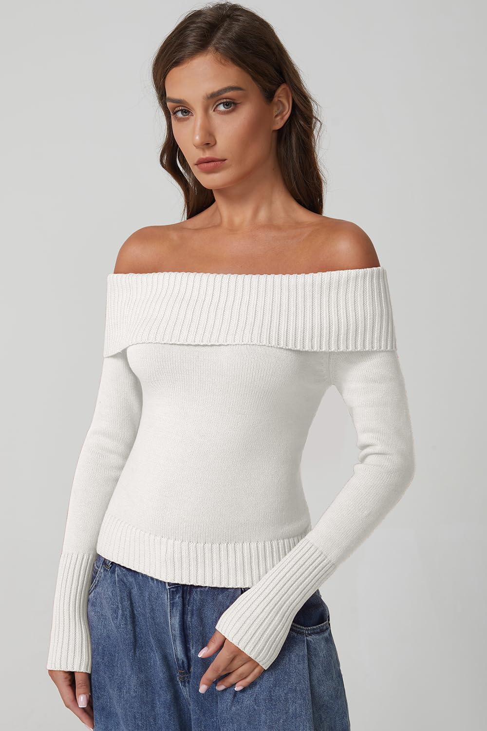 QINSEN Cotton Off The Shoulder Sweater for Women Long Sleeve Ribbed Knit Pullover Sweater Slim Fit Going Out Tops - Image 4
