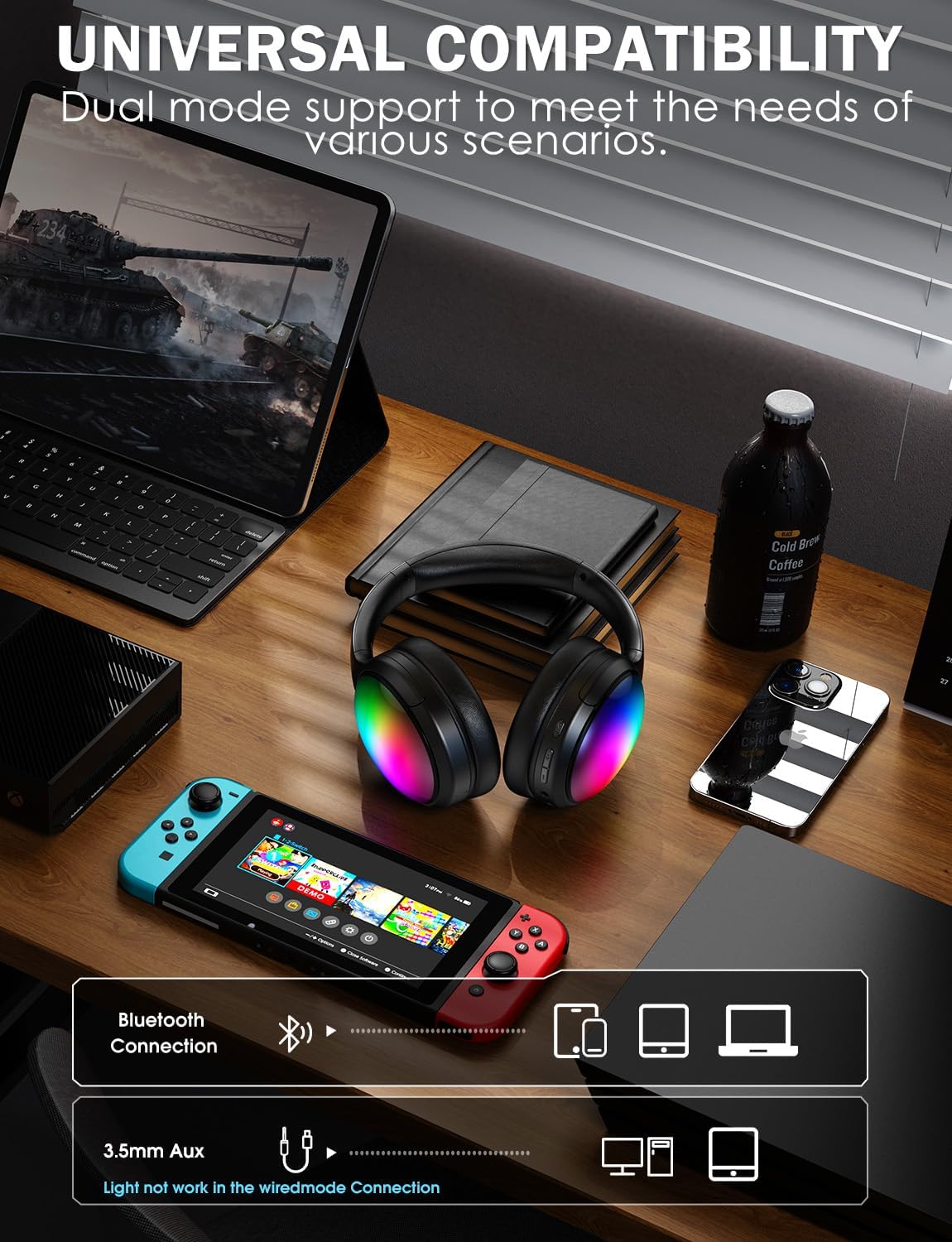 Bluetooth Headphone with Cool RGB Light, Foldable Lightweight Wireless Over Ear Headphone, 90° Rotatable Earcups, HiFi Stereo with Deep Bass Audio for Travel, iPad Cellphone Laptop PC