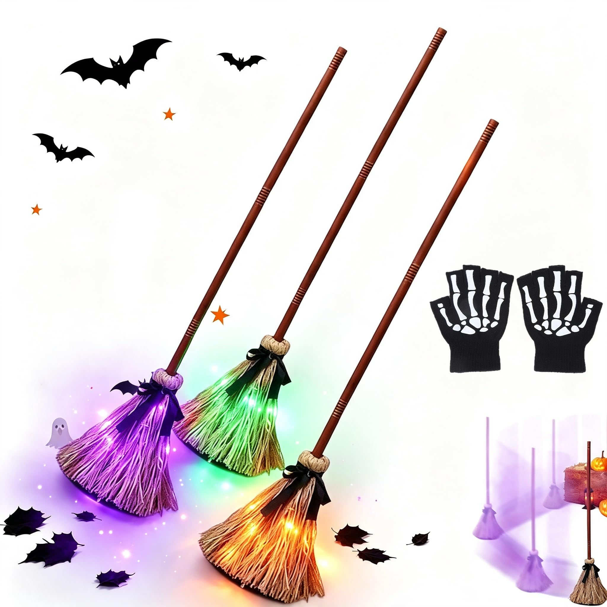 Floating Witch Broom, Animated Dancing Witch Broomstick with Motion Sensor Spooky Sounds & Color Changing LED Lights, Halloween Floating Prop for Yard Porch Party Haunted House Classroom (3PC)