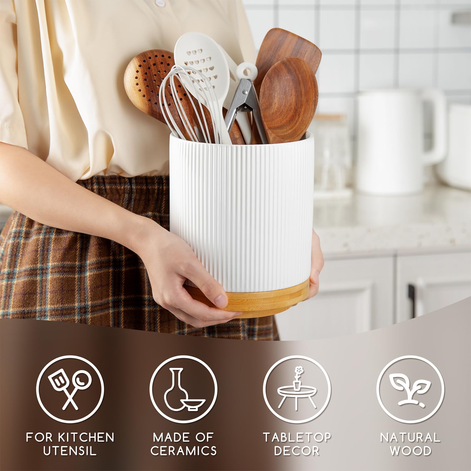 SIEBOLD Ceramic Utensil Holder For Countertop - Black & White With Gold Accents, Large Organizer For Spoons, Forks, Knives - View #3