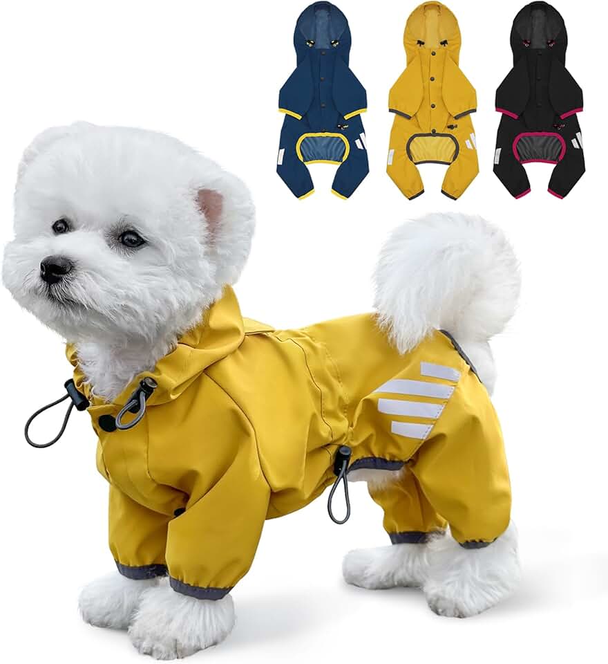 狗狗雨衣，附帽防水狗狗雨衣，附皮帶孔雨衣，中小型犬反光帶，輕便小狗衣服（黃色，S）