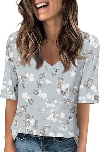Women V Neck Half Sleeve T Shirts 2026 Summer Fashion Dressy Casual Elbow Length Fitted Basic Tee Tunic Tops Blouse