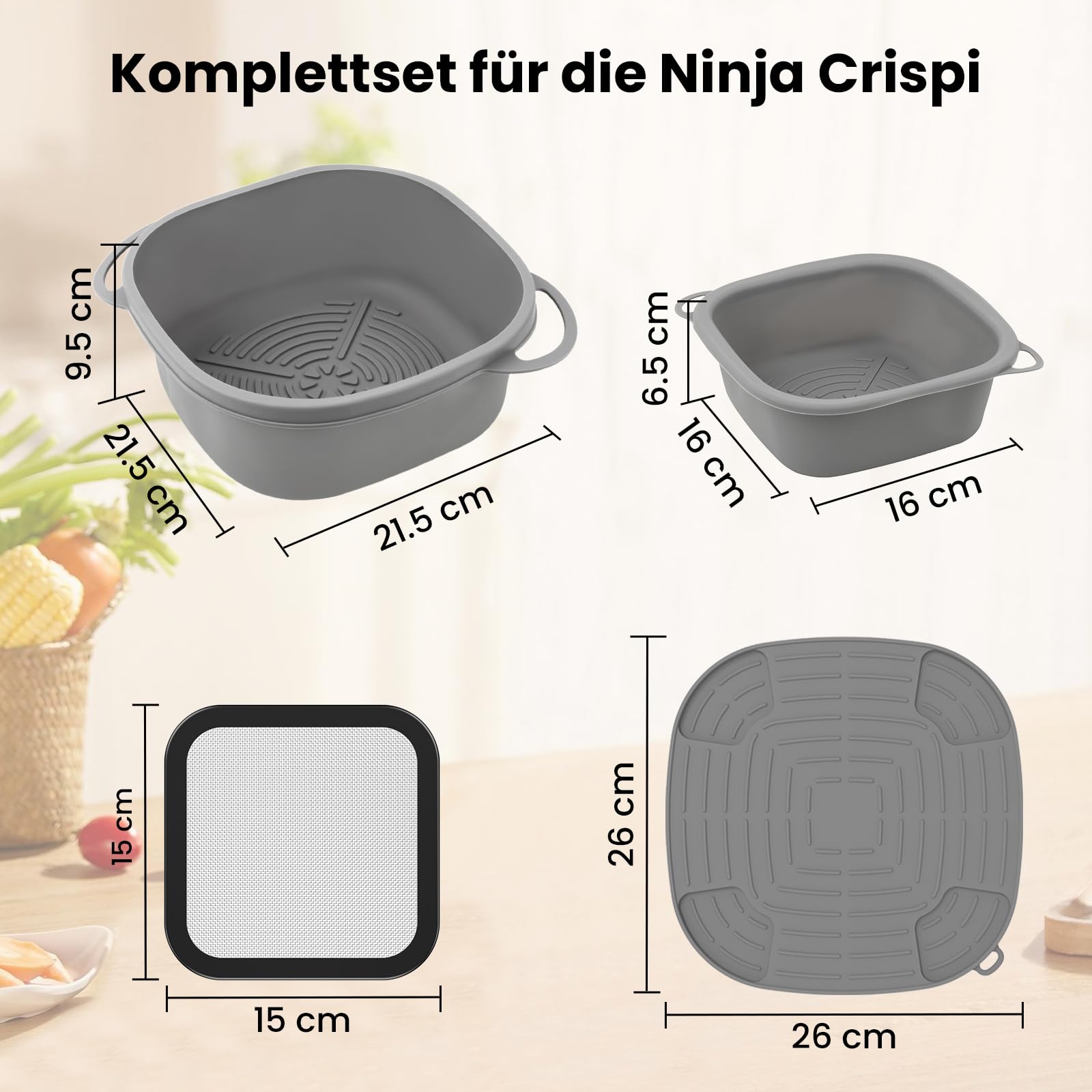 Airfryer Zubehör für Ninja CRISPi FN101EU: Komplett-Set mit 2x Silikonform + 1x Edelstahl Spritzschutz + 1x Hitzebeständige Unterlage für Ninja Heißluftfritteuse FN101EUGY, FN101EUST und FN101EUSG