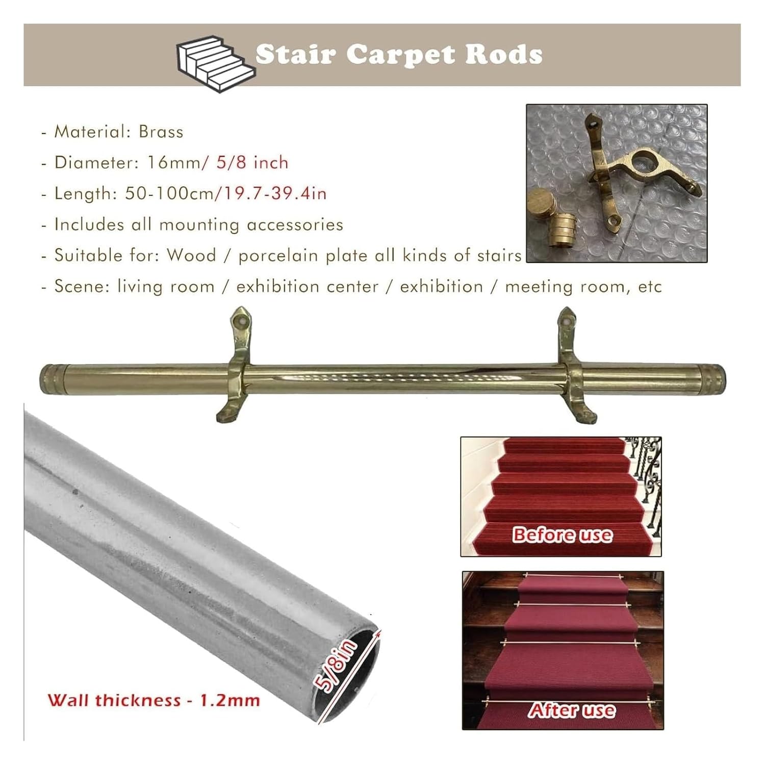 Stair Rods Indoor Stair Carpet Non-Slip Bar,Decorative for Carpet Runners(70cm/27.6in/2.3ft)