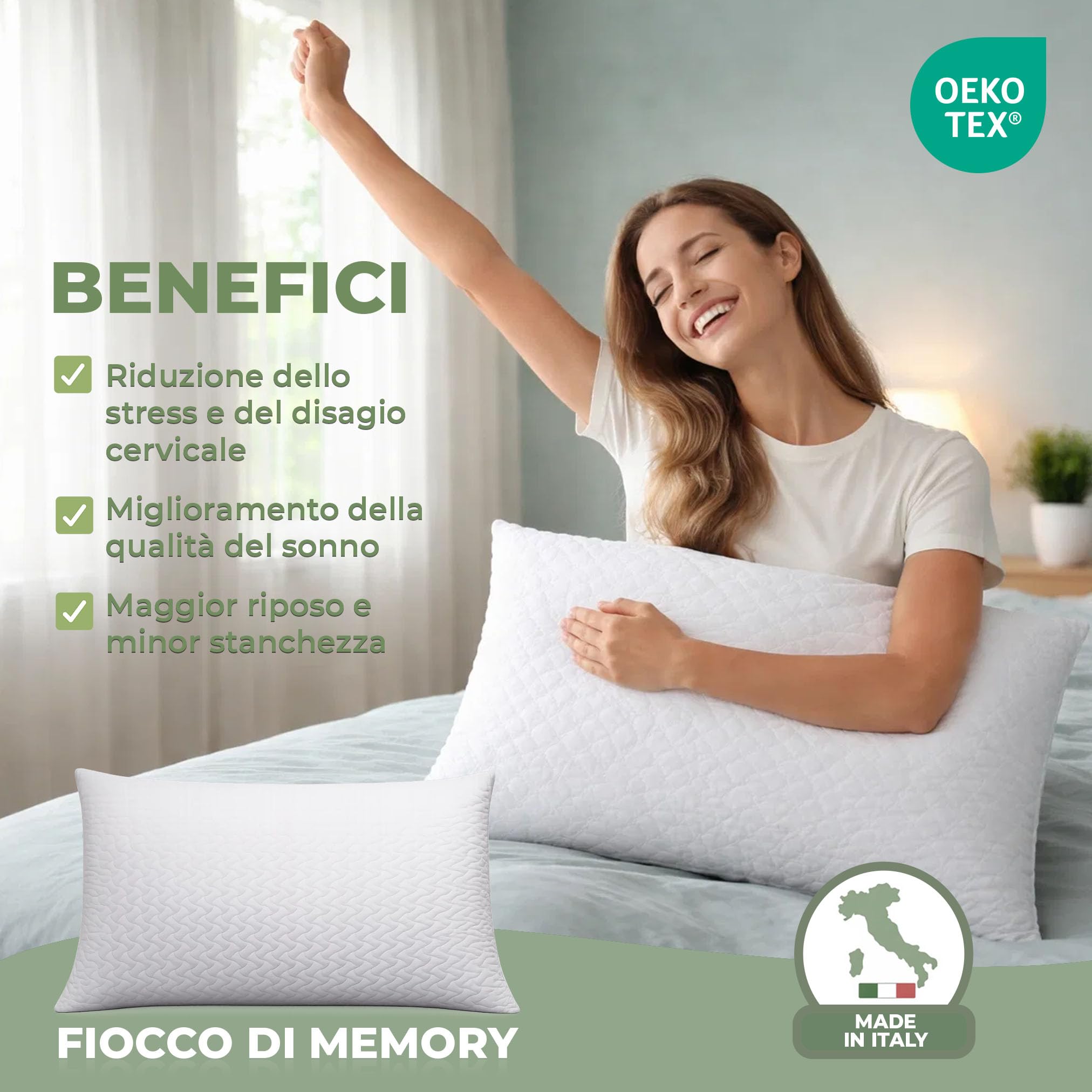 Cuscino Fiocco di Memory Foam Made in Italy- Guanciale Letto Ergonomico e Traspirante- Cuscino Cervicale per dormire- Cuscino Antiacaro e Anallergico (70x40x16)- OEKO TEX