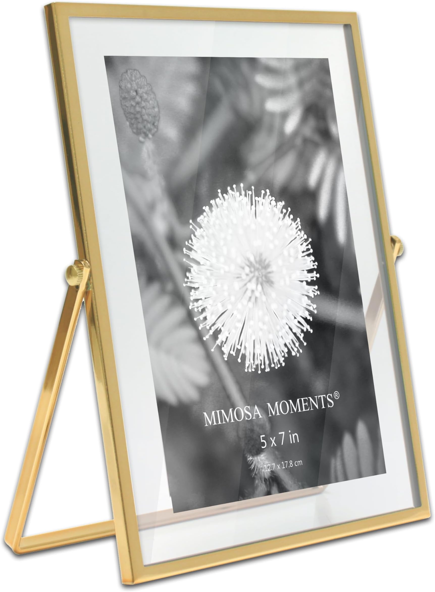 MIMOSA MOMENTS 5x7 Brass Metal Floating Picture Frame, Double Glass Tabletop Display, Modern Minimalist Photo Frame for Home & Office Decor