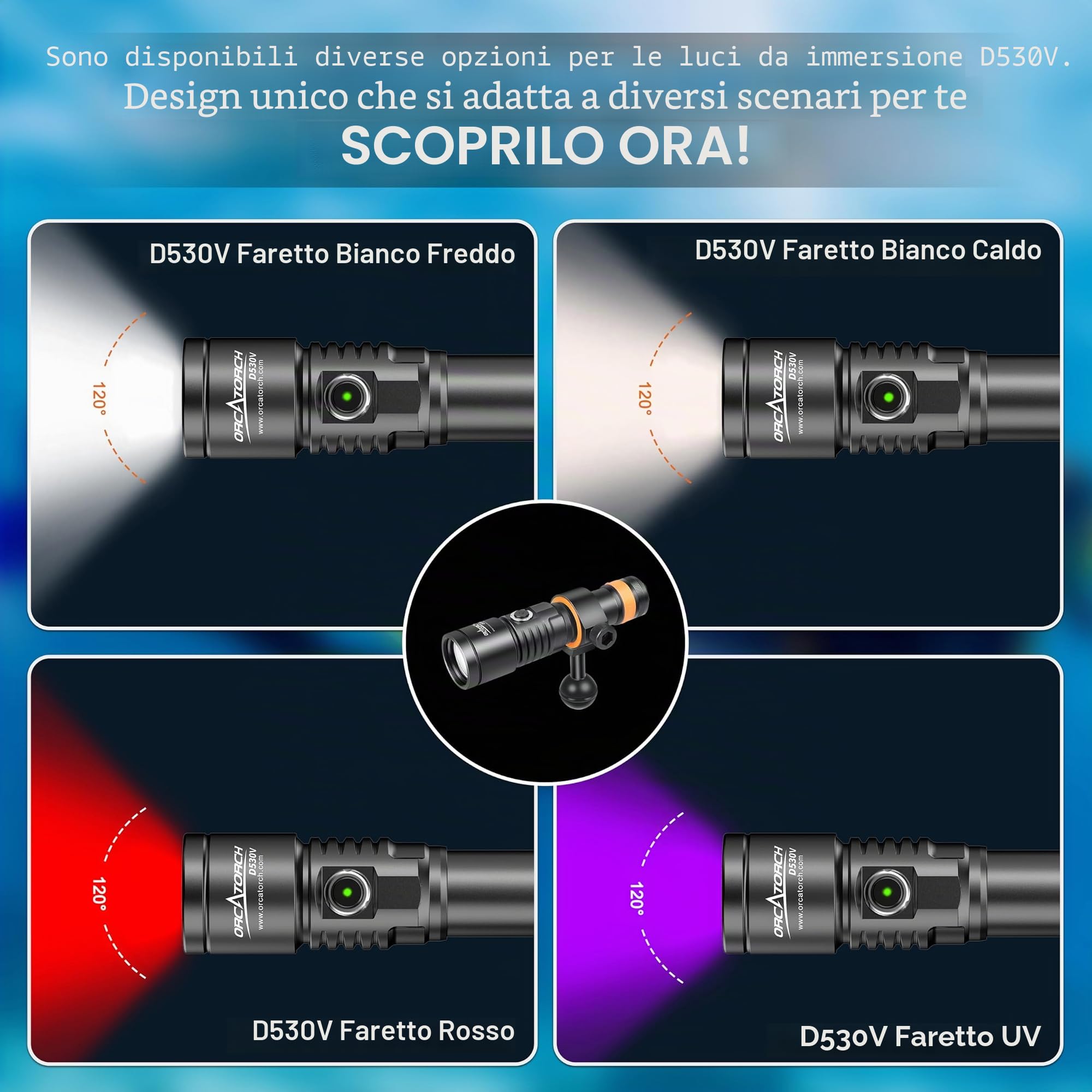ORCATORCH D530V Torcia Subacquea 6500K, Ampio Angolo 120°, Foto Subacquee | Luce Video,1200 Lumen,Snoot Per Scatti Macro,Giunto Sferico, Fotografia Subacquea, Immersioni Notturne,Foto e Video Subacquei