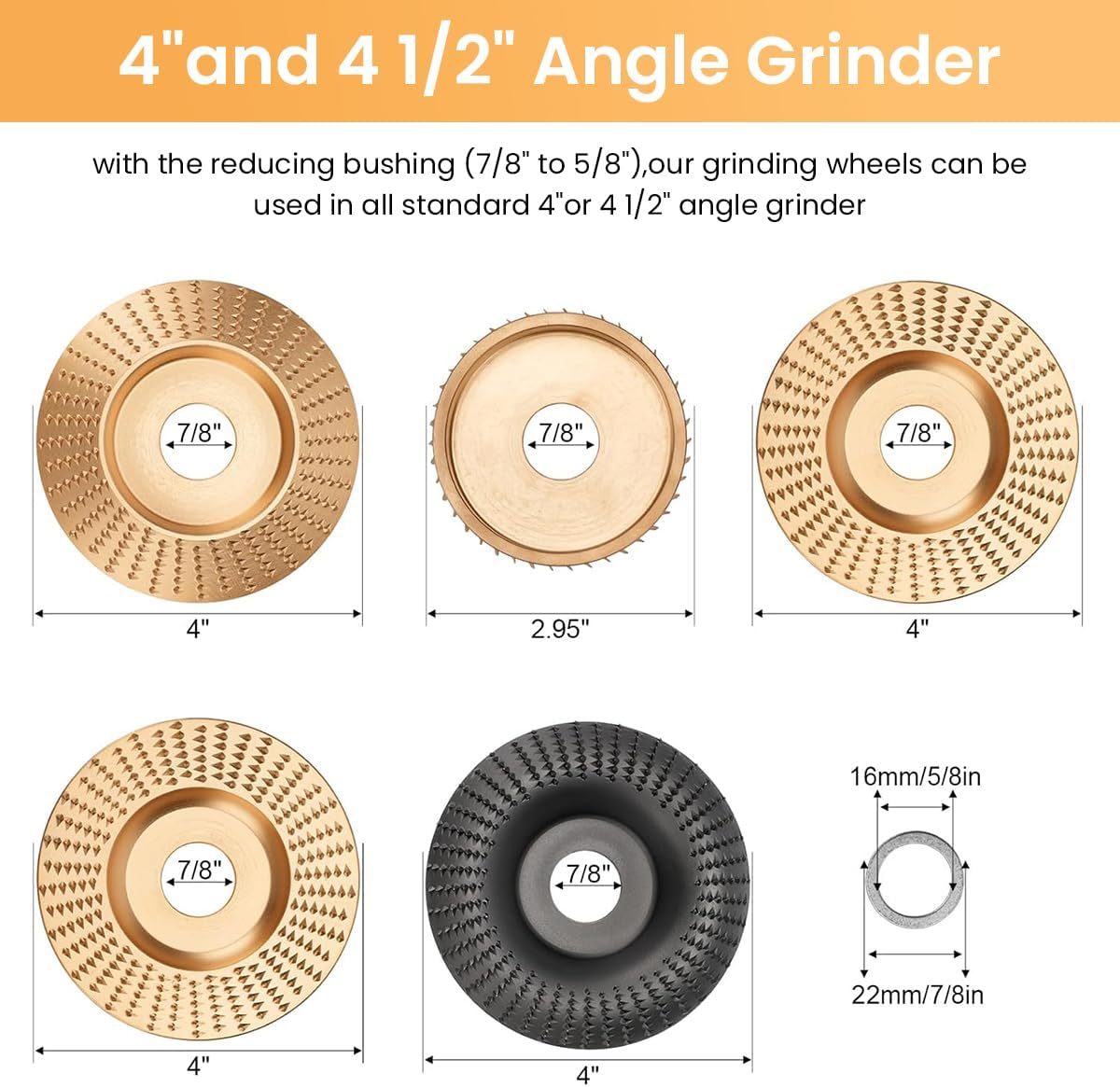Serplex® 5Pcs Angle Grinder Wood Carving Disc Set, 4 & 4 1/2 Inch Angle Grinder Attachments with 5/8 Inch Arbor, Grinder Cutting Wheel Tool and Accessories Grinding Wheel Shaping Disc for Wood Cutting