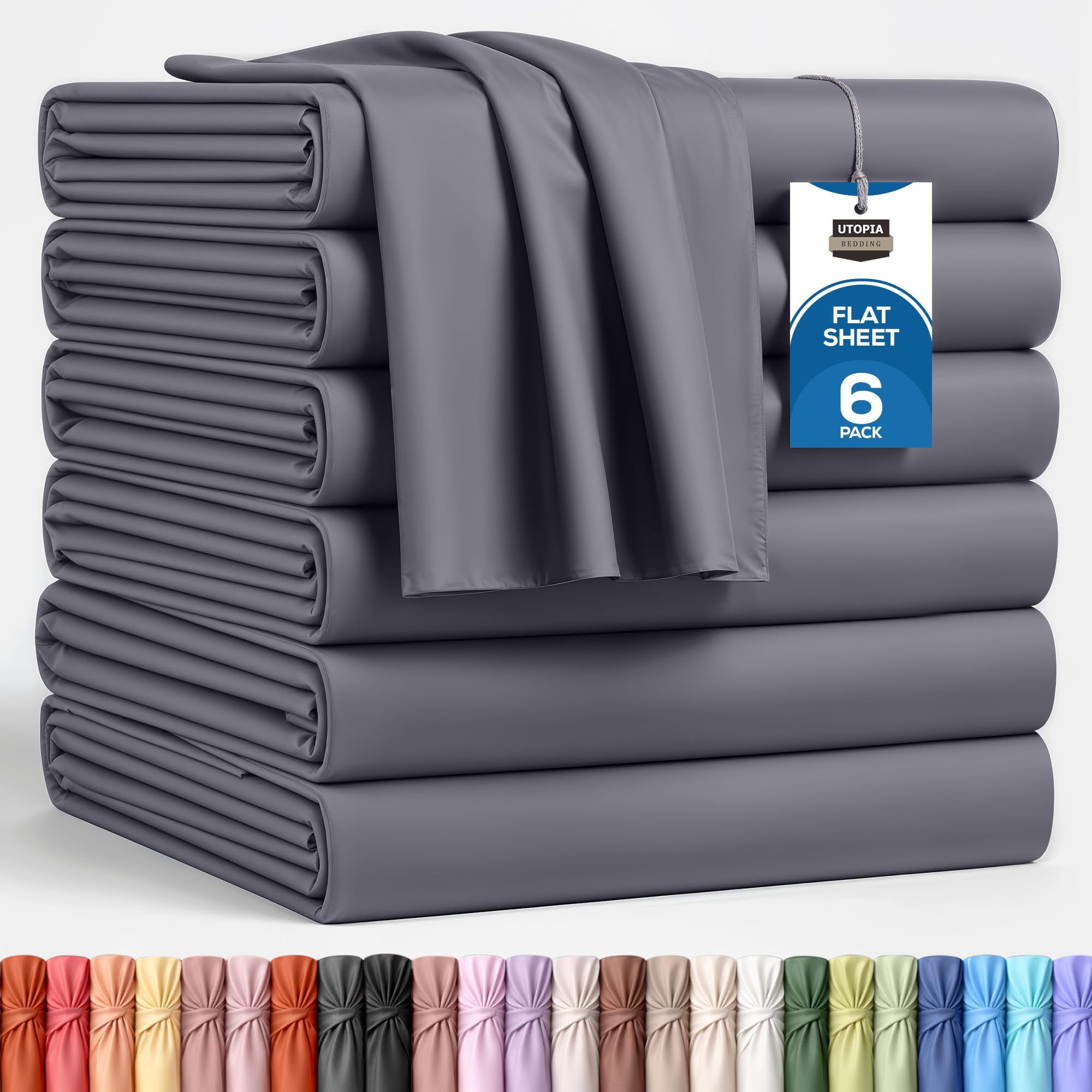 Utopia Bedding 6 Pack Flat Sheet Double Size - OEKO-TEX Certified - Easy Care Soft Brushed Polyester Microfiber Fabric Wrinkle, Shrinkage, and Fade Resistant - Grey