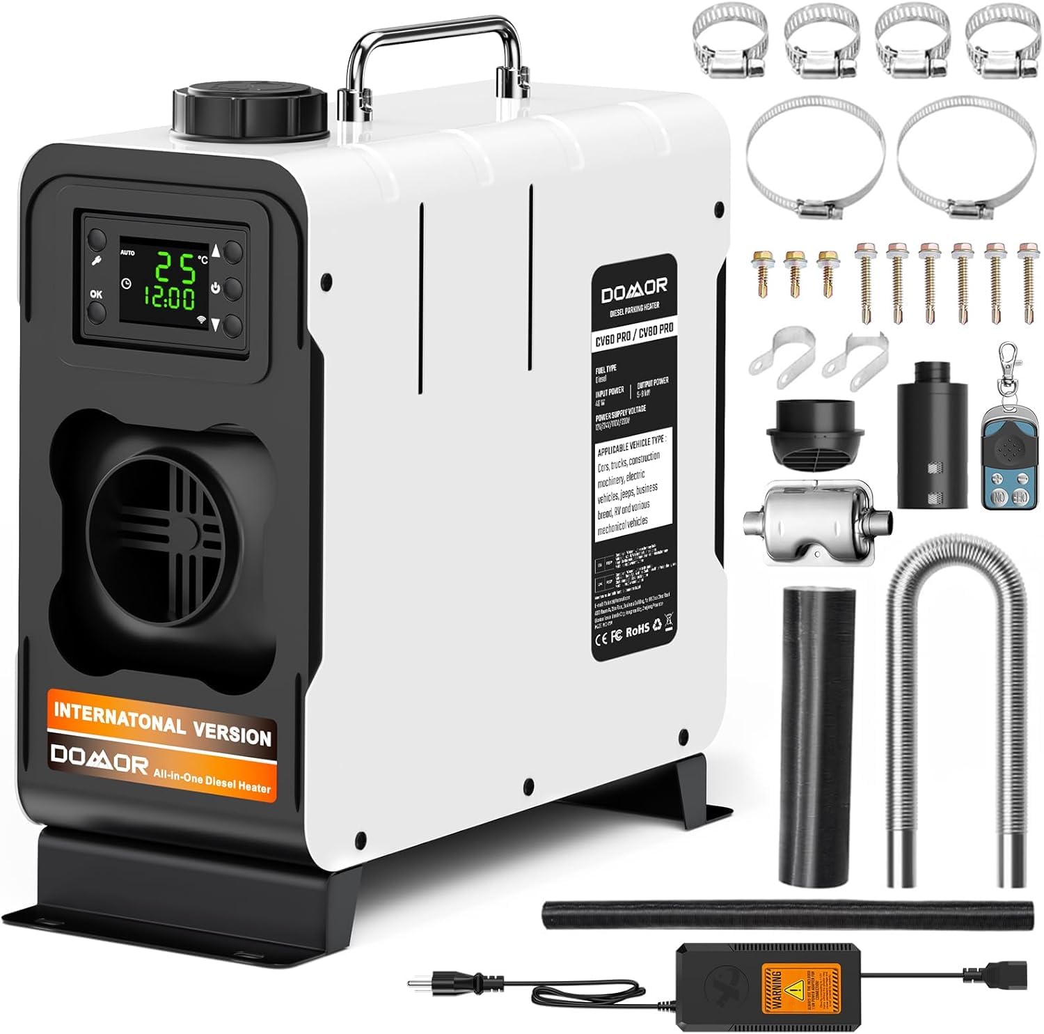 Chauffage Diesel Tout-en-Un Portable 12 V 5-8 KW 0,16-0,52 L/h Réchauffeur d'air Diesel 8-36 ℃ Réglable 15-20 m² Contrôle Intelligente LCD Télécommande Réservoir pour Bateau Auto Intérieur