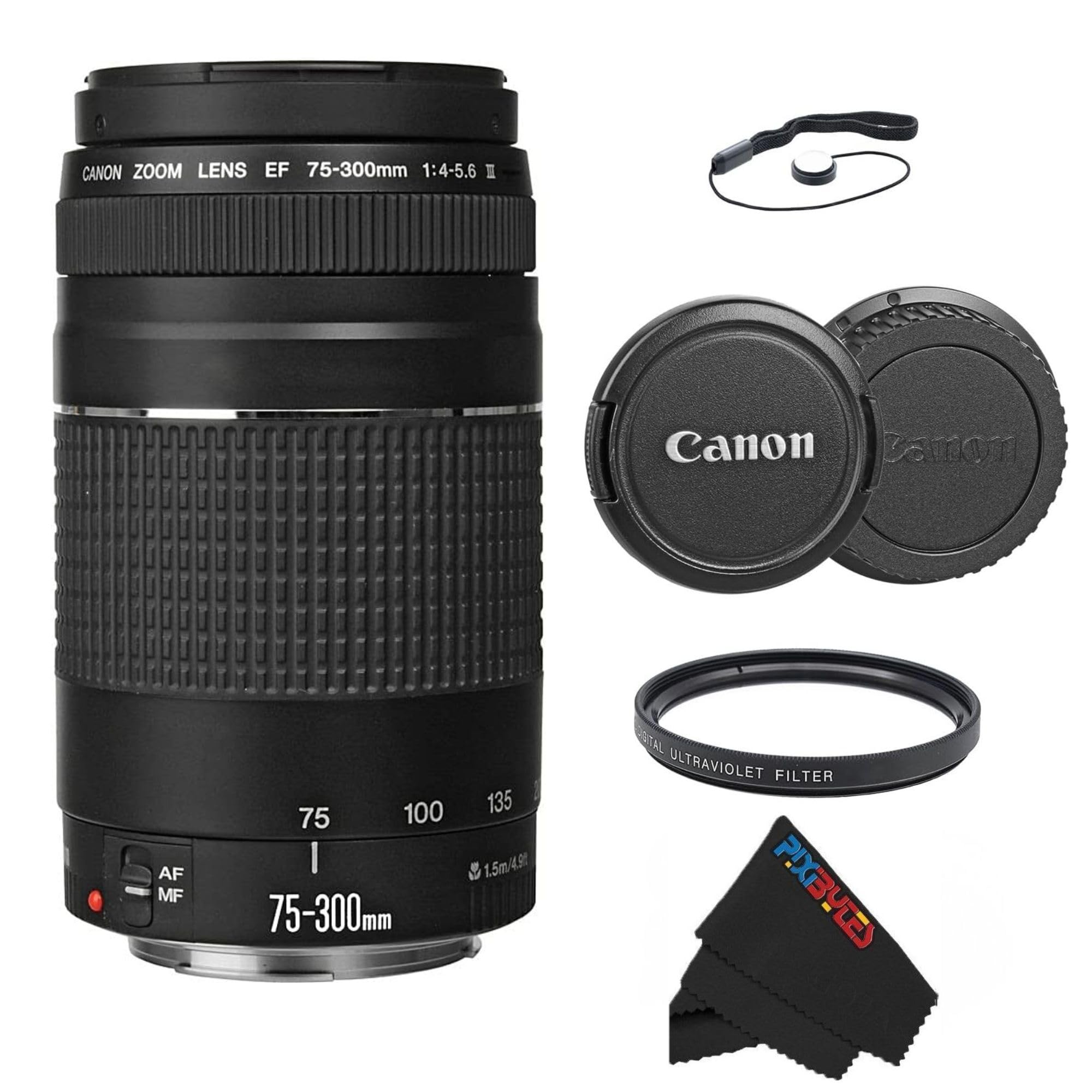Canon EF 75-300mm f/4-5.6 III Telephoto Zoom Lens for Canon SLR Cameras, 6473A003 (Renewed) (Lens w/Pixibytes Basic Bundle)