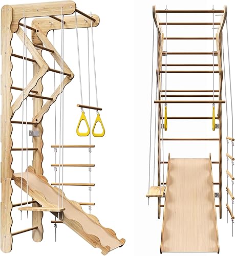 Miniatura 8 de Zona de juegos interior, gimnasio de selva interior de madera para niños, juguetes de escalada para niños pequeños con escalera, tobogán, juego de
