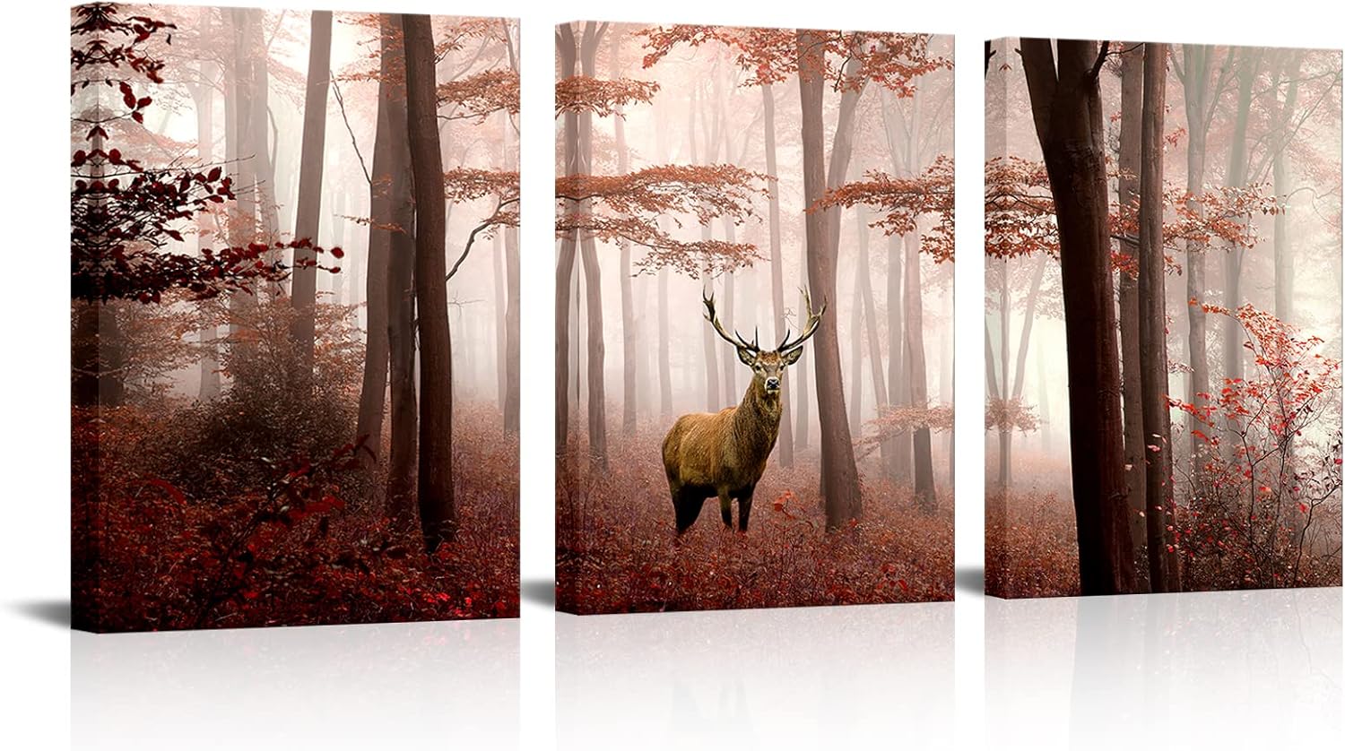 Visual Art Decor Deer in Red Autumn Foggy Forest Picture Elk Decor Canvas Prints for Farm Decor Farmhouse Living Room Bedroom Wall Decoration Ready to Hang,12x16inchx3 Piece
