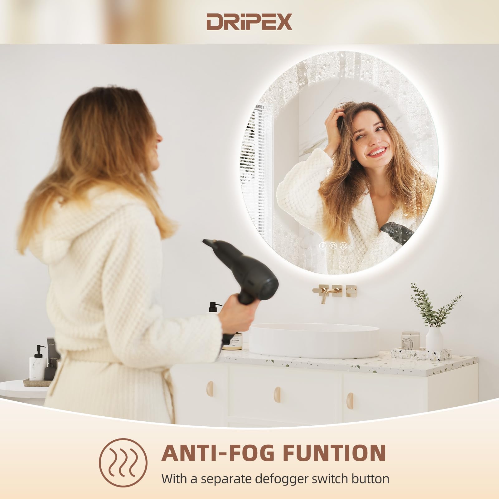 Dripex Miroir Salle de Bain 70cm, Miroir LED Rond Anti-buée, 3 Couleurs, Dimmable, Interrupteur Tactile