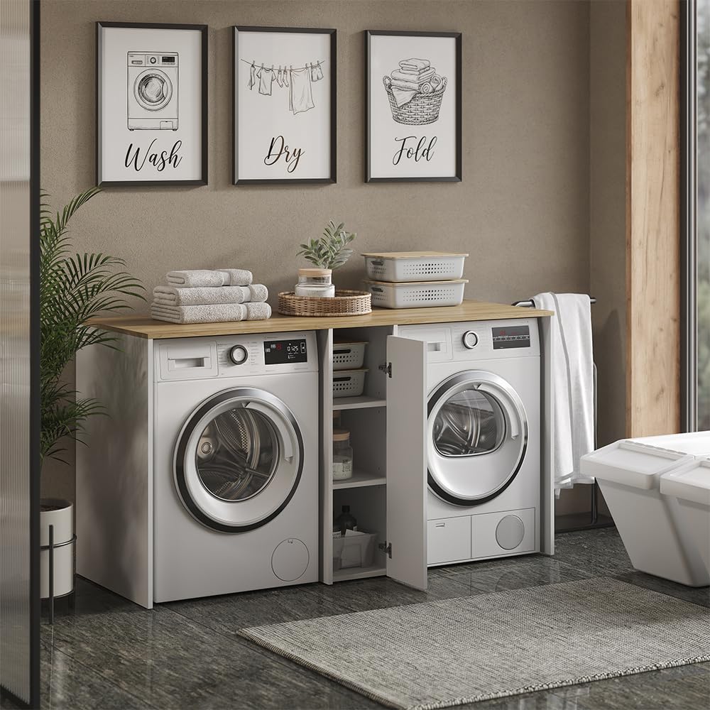 Vicco Armario para Lavadora Viktor, Blanco/Roble Artesanal, 159.8 x 88.2 cm con 3 Compartimentos