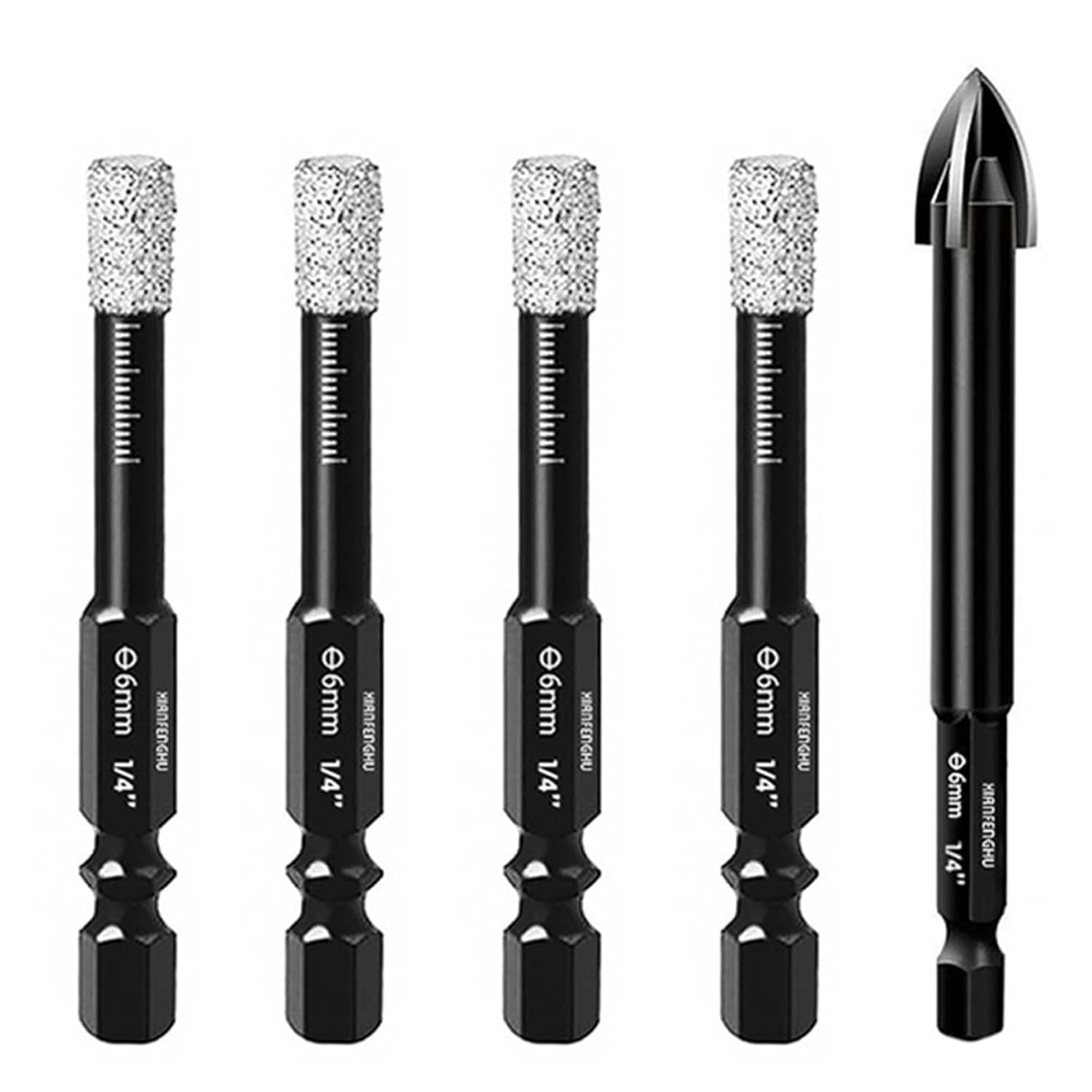 Dry Diamond Core Drill Bits Set 5PCS, 1/4" Tile Hole Saws Vacuum Brazed with Hex Shank for Ceramic, Porcelain Tiles, Marble, Granite, Quartz, Glass, Hard Materials.