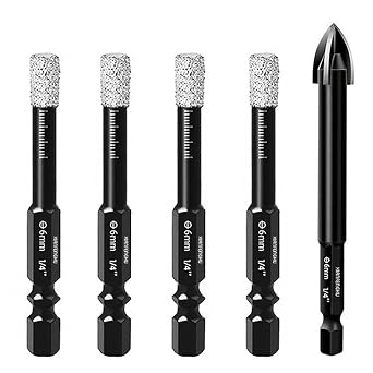 Dry Diamond Core Drill Bits Set 5PCS, 1/4" Tile Hole Saws Vacuum Brazed with Hex Shank for Ceramic, Porcelain Tiles, Marble, Granite, Quartz, Glass, Hard Materials.