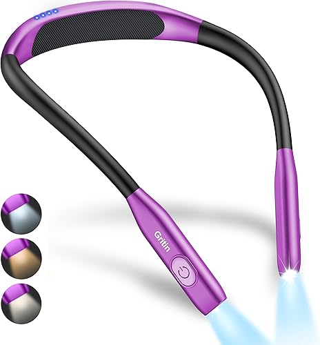 Gritin Luz de lectura para el cuello, luz de libro para leer en 3 colores, brillo de atenuación continua, brazos flexibles, más de 80 horas de