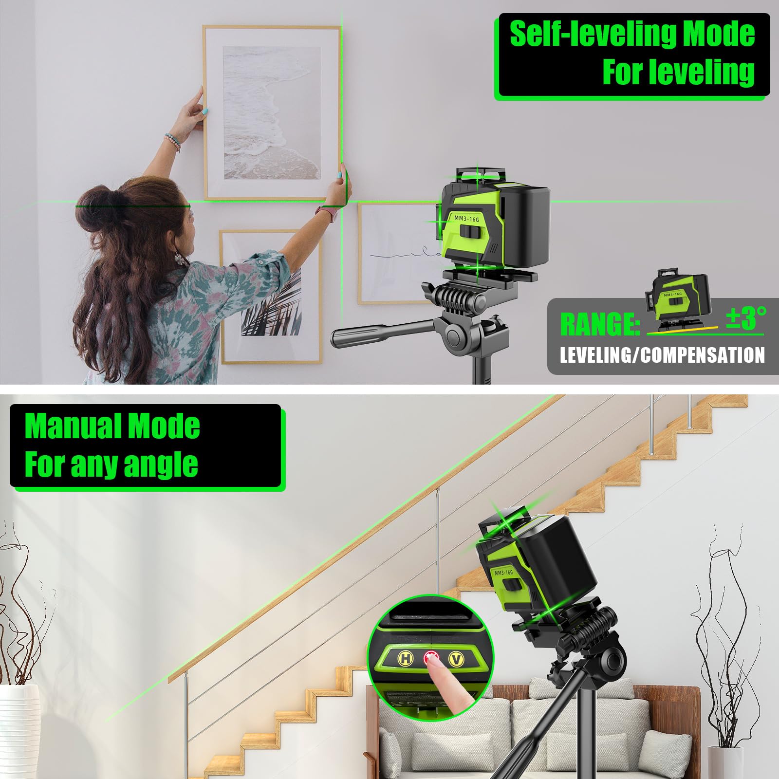 Niveau Laser Chantier Autonivelant 4 x 360°, Vert 4D 16 Lignes lazer niveaux,niveau laser 360 autonivelant avec 2 x Batterie, IP54, Support Rotatif, Télécommande & Mallette de transport
