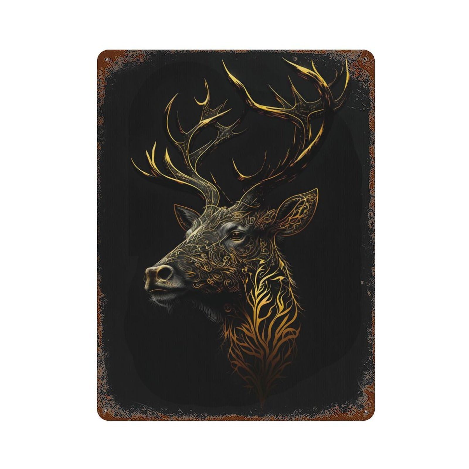 Deer Gold Black Poster 15.7"x11.8" Distressed Metal Wall Sign, Retro Wall Decor for Garage, Bar And Workshop Decor