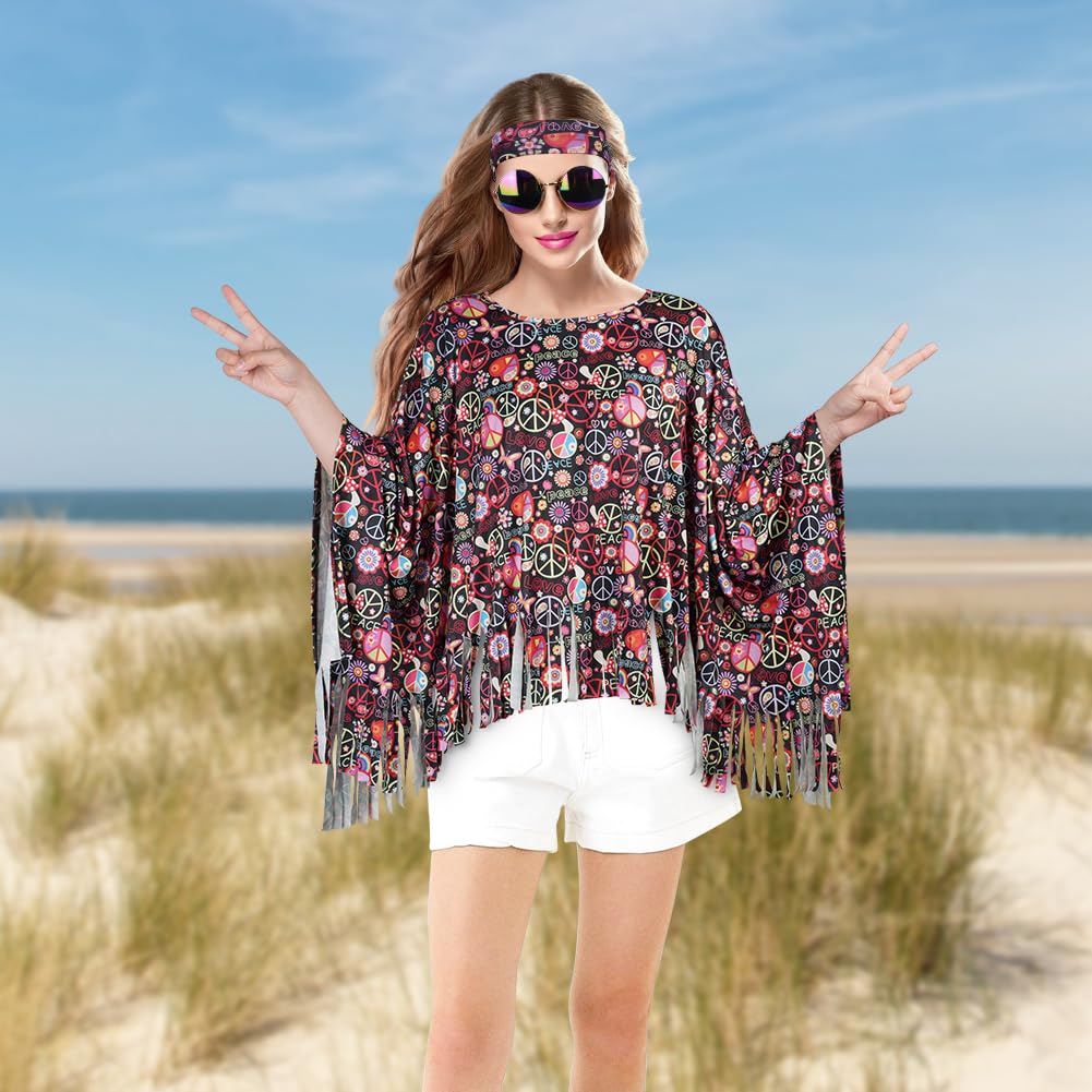 AOOWU Conjunto de Disfraz de Hippie para Mujer