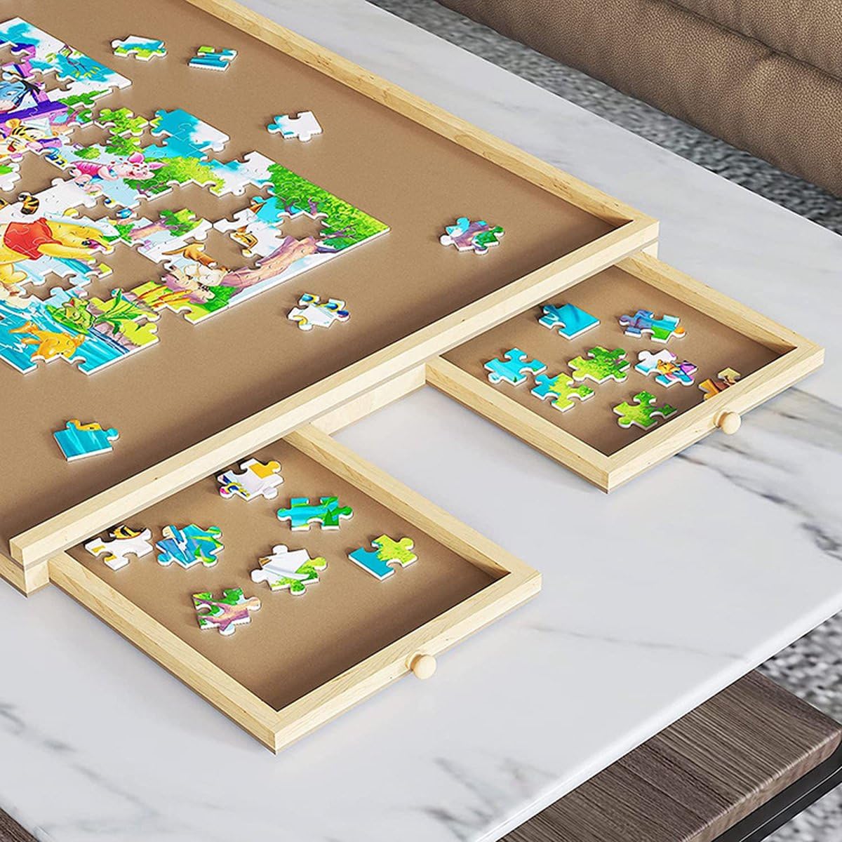Lavievert Draagbare puzzeltafel, puzzelplank met houten deksel/afdekking, groot inklapbaar puzzelplateau met 2 legplanken en antislip oppervlak voor puzzels tot 1.000 stukjes