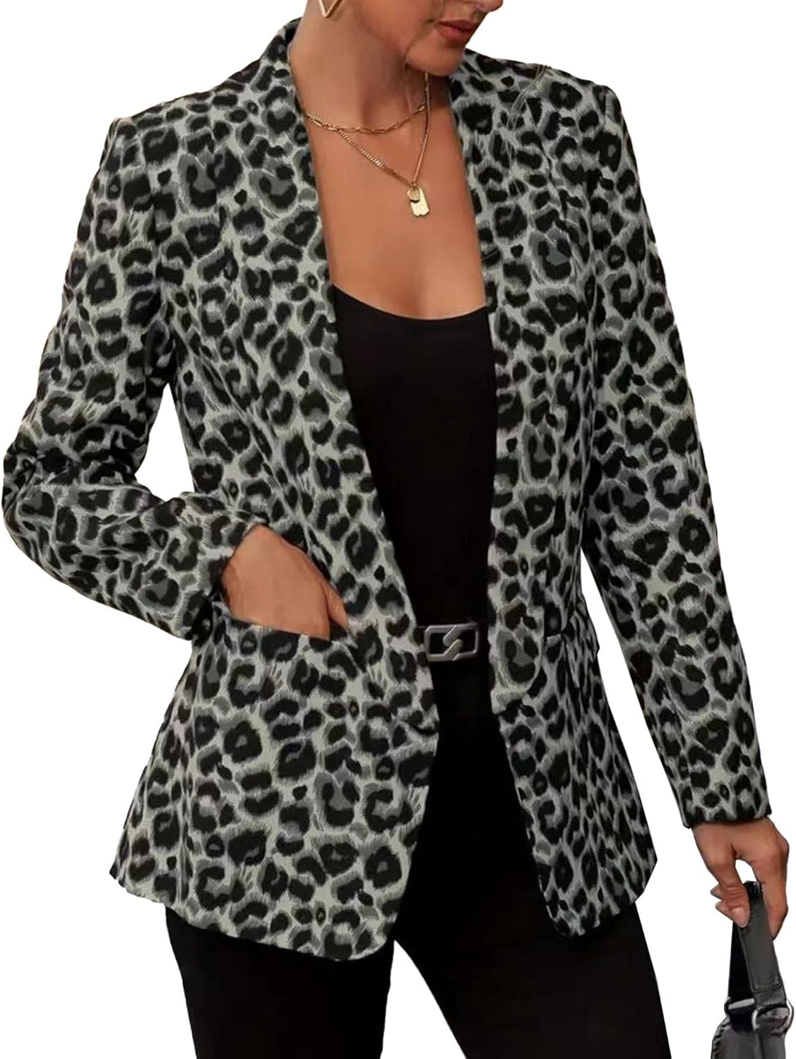 SEMATOMALA Women's Slim Fitted Business Casual Blazer Jacket Leopard Open Front Blazer Work Office Suit Coat
