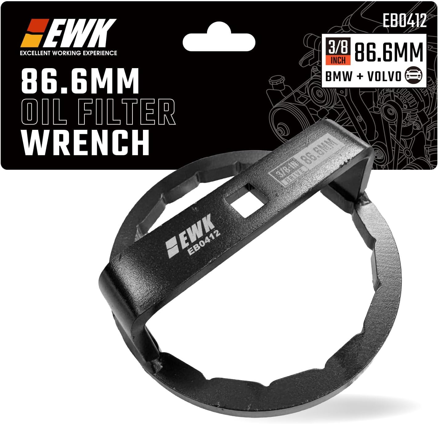 EWK 86.6mm 16 Flute Oil Filter Wrench for BMW and Volvo, Forged 6061 Aluminum Oil Filter Cap Socket Tool, Fits Cartridge Style Housings, Use with 3/8 Inch Ratchet or 27mm Socket