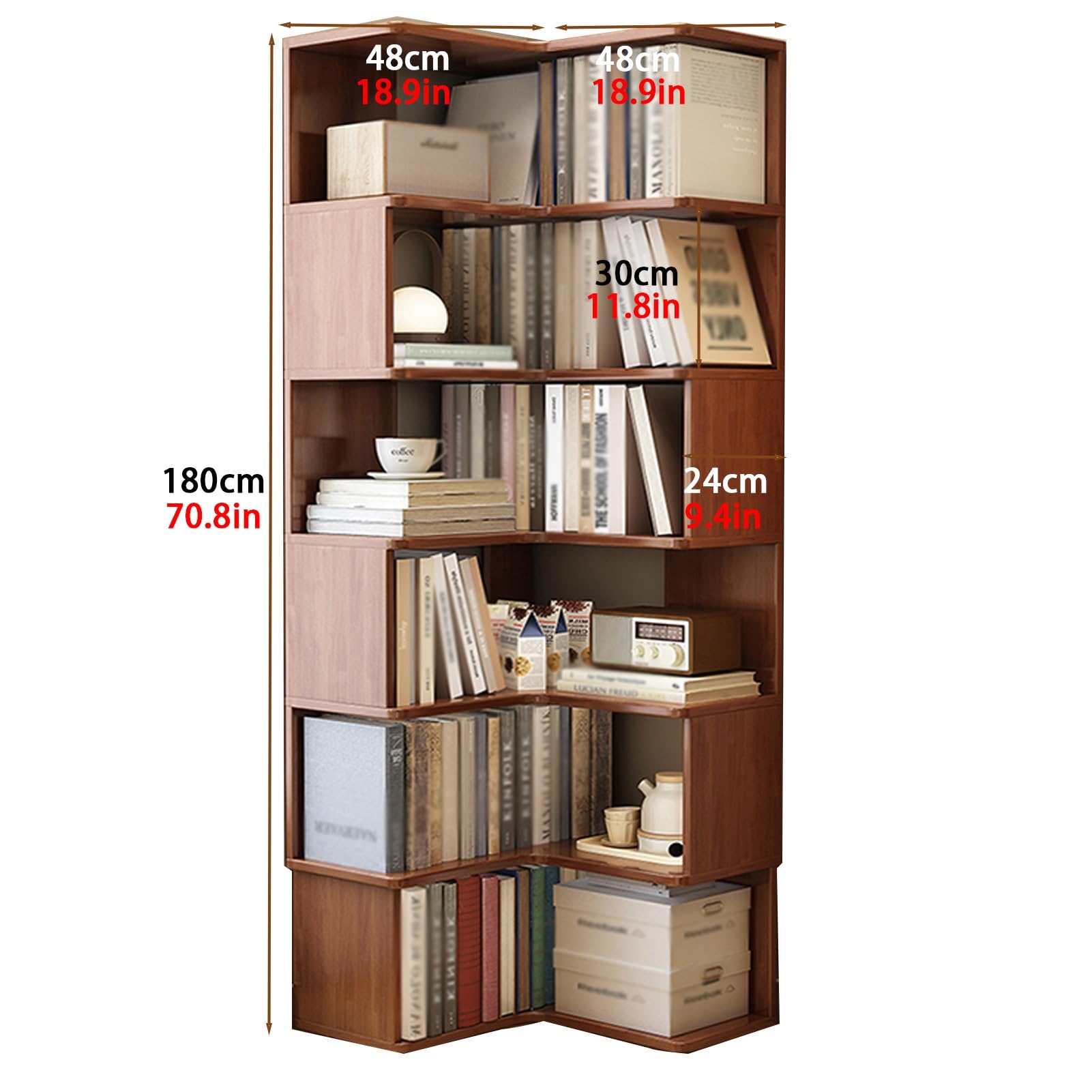 Libreria angolare a forma di L, scaffale aperto in legno, scaffale autoportante, salvaspazio, per casa e ufficio (180 cm)