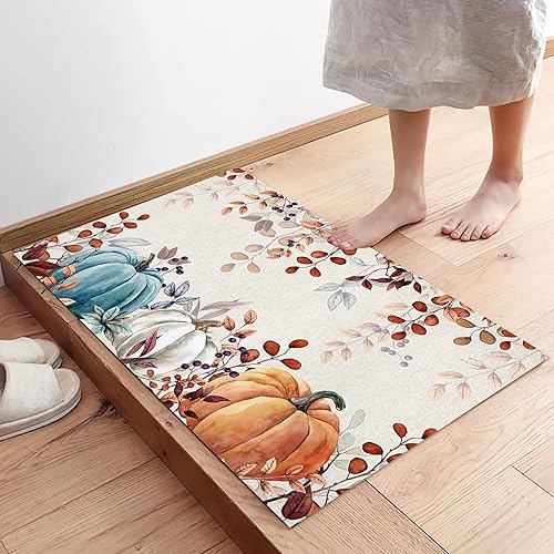 Miniatura 5 de Tapete para puerta de interior de Acción de Gracias, 18 x 30 pulgadas, tapete de bienvenida antideslizante para patio, color verde azulado, naranja,