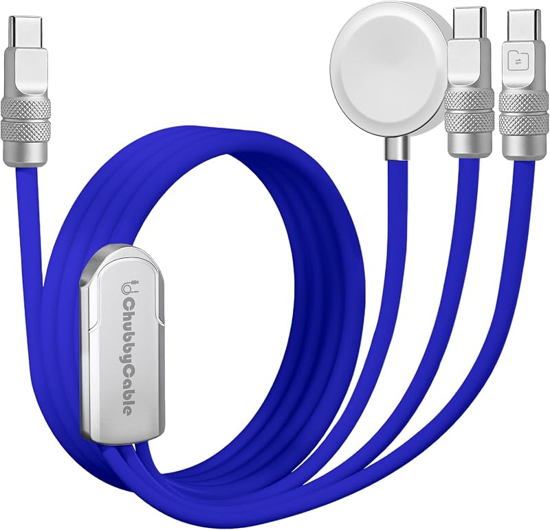 chubbycable 3 in 1 Silicone USB C Cable for Apple Watch, Dark Blue, 4.1FT | Travel Essentials, 100W Fast Charging, Strong Magnetic, 480Mbps Data Transfer, E-Marker Safety Chip, 45,000+ Bend Tested