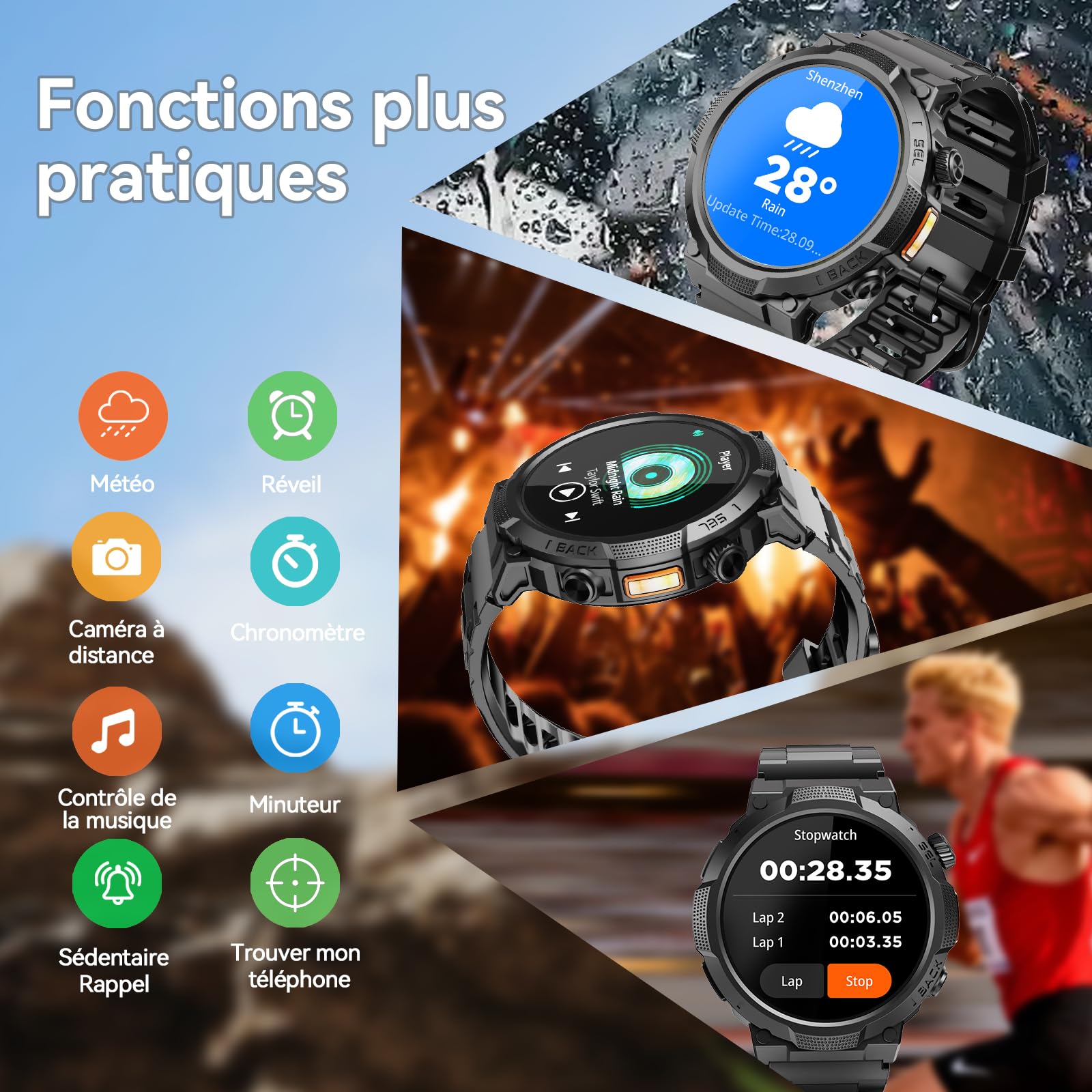 Soudorv Montre Connectée Homme, Militaire Smartwatch avec LED Lampe, Noir | 1000mAh, 1.53" HD avec Appel Bluetooth, Etanche IP68, Fréquence Cardiaque, Sommeil, 110+ Sportifs, Montre pour Android iOS
