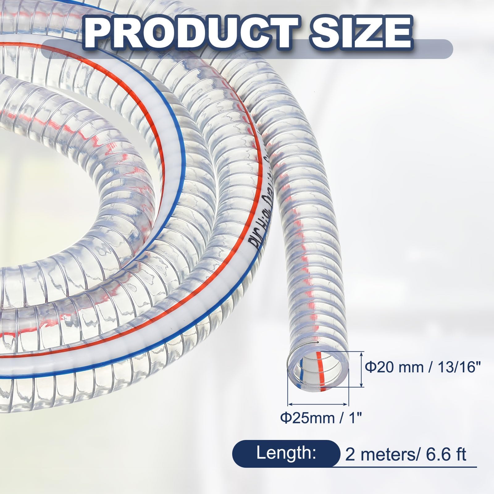PATIKIL 13/16" / 20mm ID Tuyau Renforcé Avec Fil Métallique 2 Mètres, Tuyau Aspiration PVC Vinyle Haute Pression Résistant Aux Produits Chimiques Avec Spirale En Fil D'Acier, Transparent
