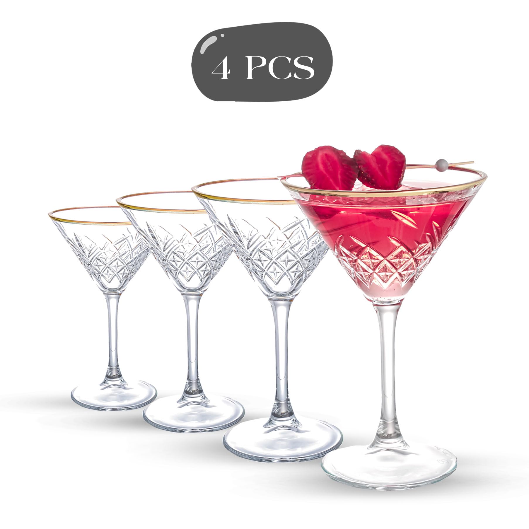 Zestaw 4 kieliszków do martini w stylu vintage, złote oprawki, szklanki do espresso martini, szklanki do Margarita, kieliszki Prosecco, kieliszki do szampana z długą łodygą (230 ml)