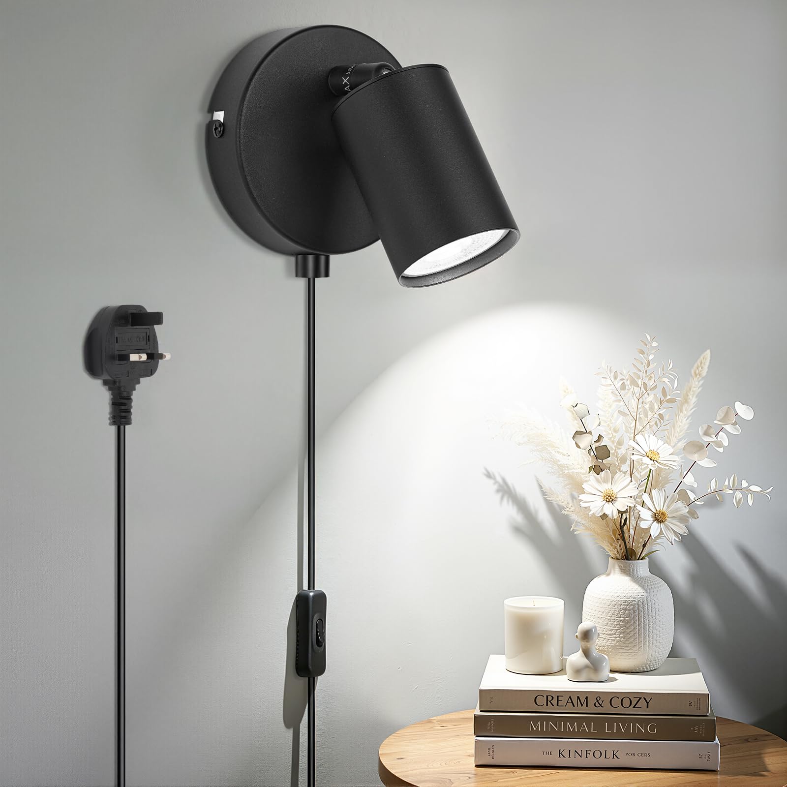 TaoFiaCo Black Plug in Wall Light for Bedroom GU10 - Modern Plug in Wall Lamp with Plug 350ยฐ Rotatable - Indoor Wall Sconce Light with Switch - Wall Lights for Living Room Kitchen - Bulb Not Included