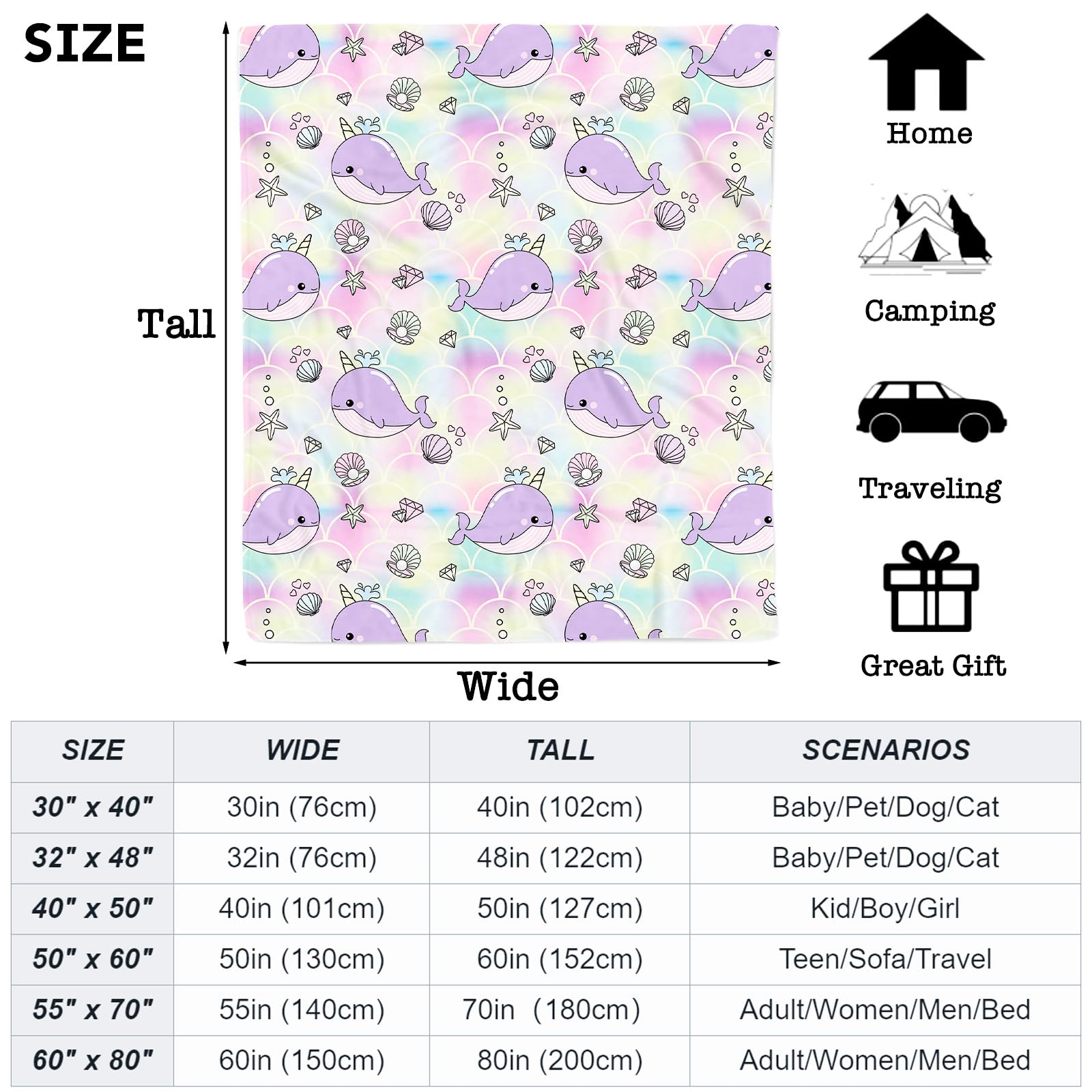 Narwhal Baby Throw Blanket for Girls Soft Cozy Cute Rainbow Mermaid Narwhal Theme Plush Flannel Crib Blanket for Nursery 80x120 cm Purple Narwhal Fleece Blanket for Couch Newborn Toddler Kids Gift - Image 2