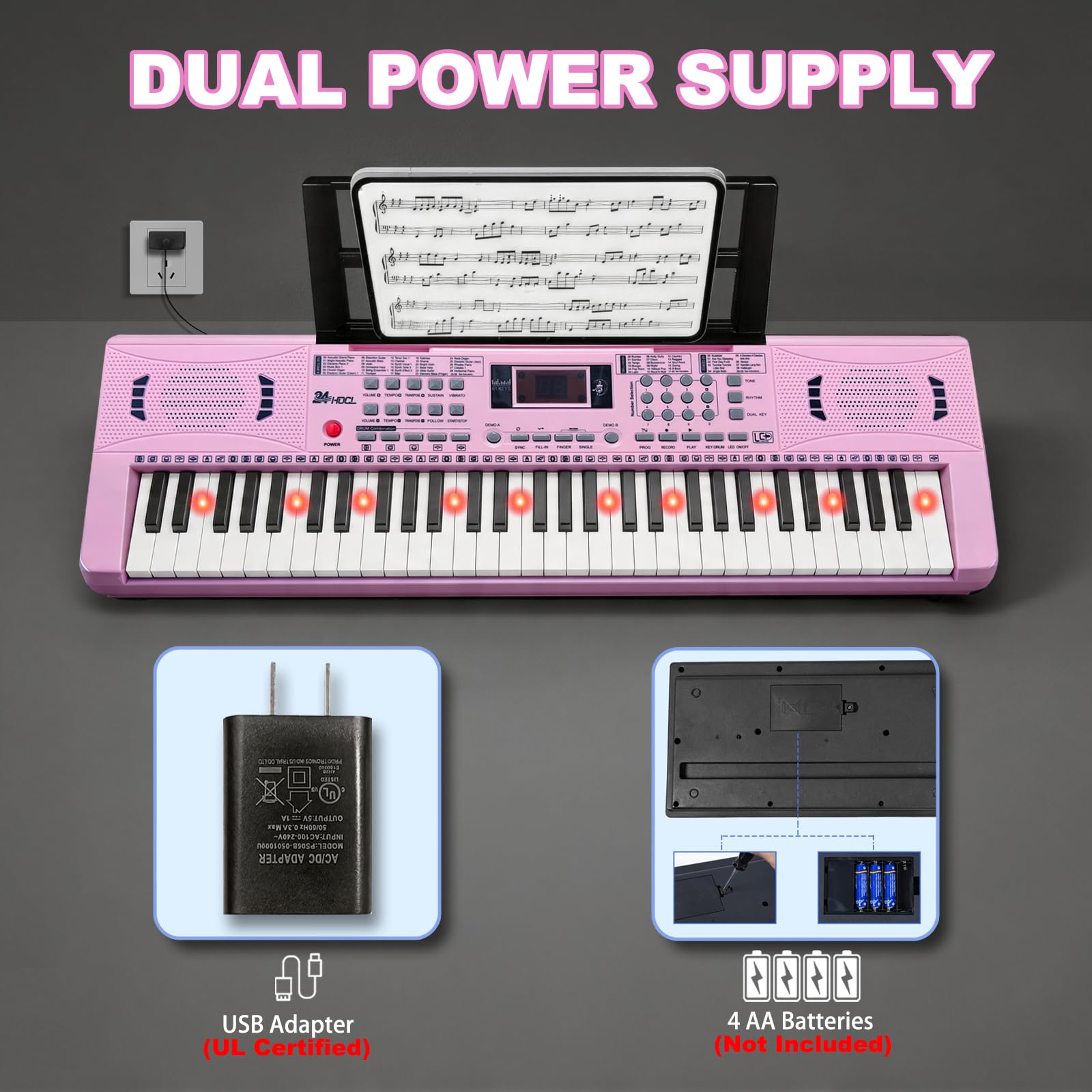 Elektronisches Keyboard Piano 61 beleuchtete Tasten für Kinder (Rosa) | Kids Keyboard Piano with 100 Voices, 100 Rhythms, Built-In Speaker, Microphone, Sheet Stand and Power Supply for Beginners